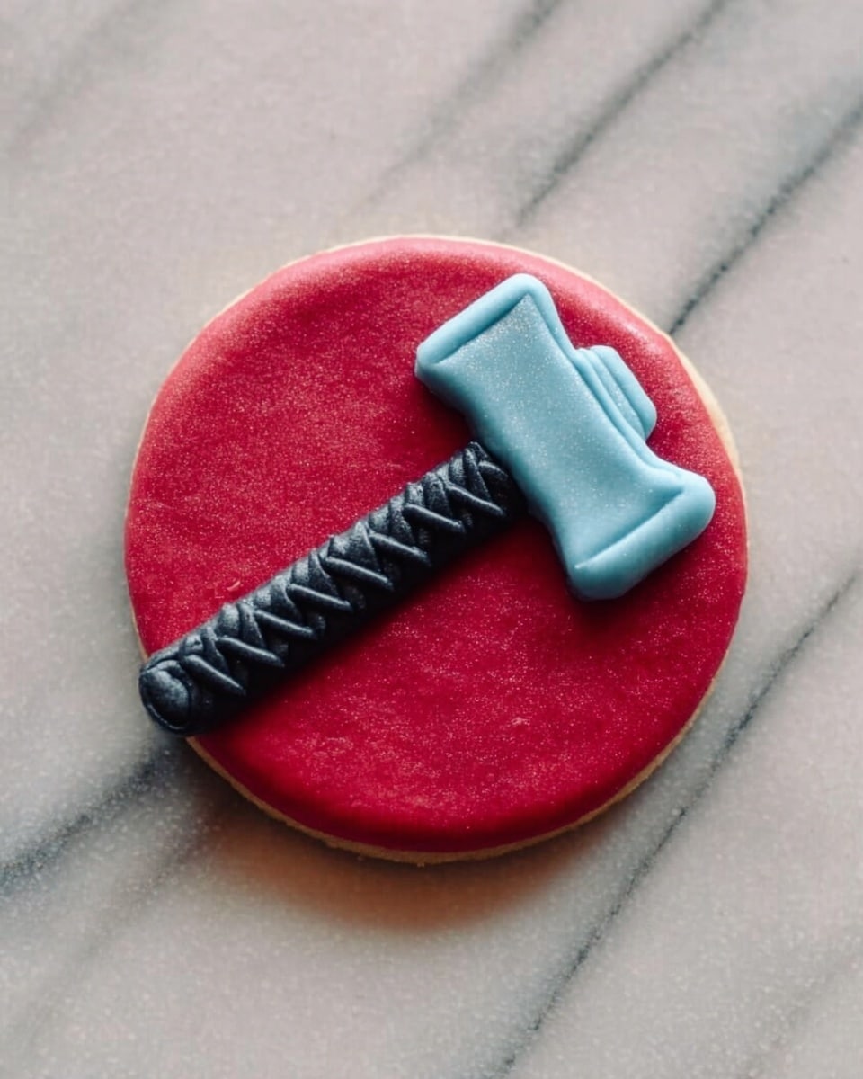 A round red cookie with smooth texture is placed on a white marbled surface. On top of the cookie is a detailed hammer shape made from fondant or icing, with a black handle showing a braided texture and a light blue head with slightly shiny surface. The hammer is positioned in the center of the red cookie, lying diagonally from top left to bottom right. photo taken with an iphone --ar 4:5 --v 7