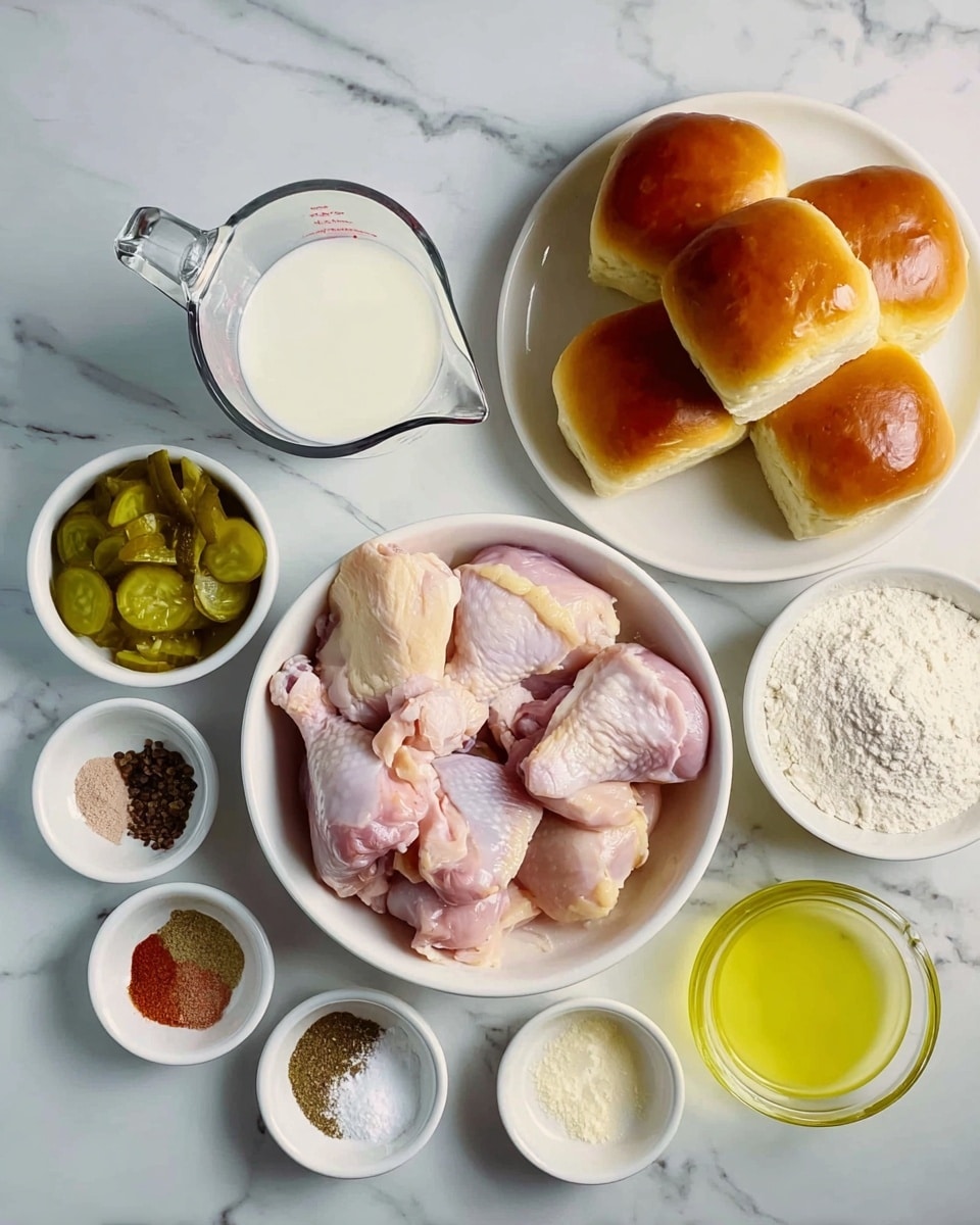 A white bowl in the center holds several raw chicken pieces with pink and light yellow skin. Surrounding this bowl on a white marbled surface are multiple small white bowls with different ingredients: one has green pickles sliced, another has white flour with a little powder on top, and a few others contain powders and spices in colors of white, black, red, and brown. On the top right, a white plate holds a stack of nine shiny golden-brown buns. Next to the buns, a clear glass measuring cup is filled with white milk, and another glass container has pale yellow cooking oil. The entire setup is neat and arranged in a balanced way as if ready for cooking preparation. Photo taken with an iphone --ar 4:5 --v 7