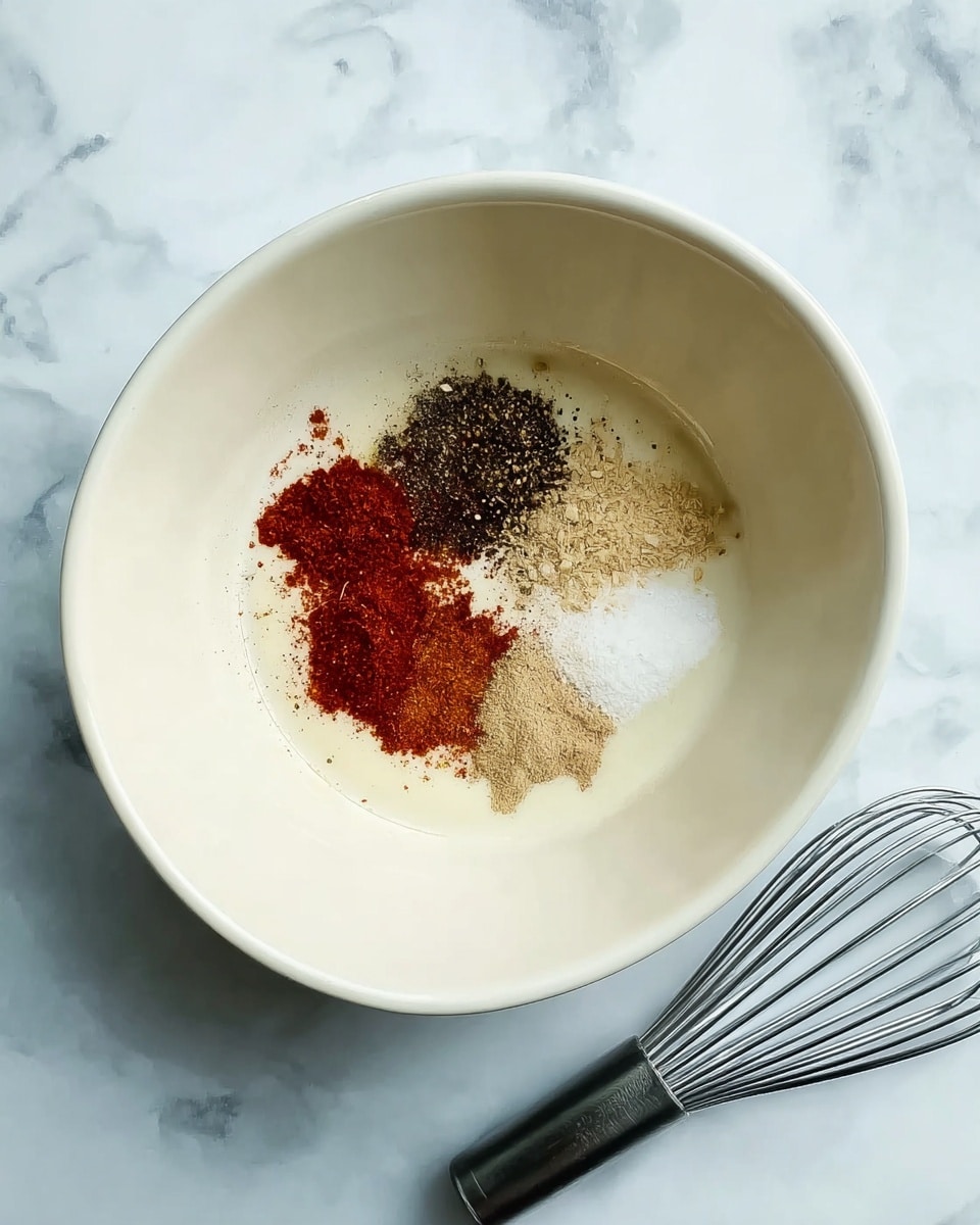 A white bowl sits on a white marbled surface, filled with a thin layer of a light cream liquid. On top, several small piles of powdered spices form colorful clusters: dark black pepper on the left, bright red paprika and cayenne in the upper middle, light beige garlic powder below, and ground white pepper dusted on the right. To the right of the bowl, a metal whisk with a black handle rests on the surface. Photo taken with an iphone --ar 4:5 --v 7