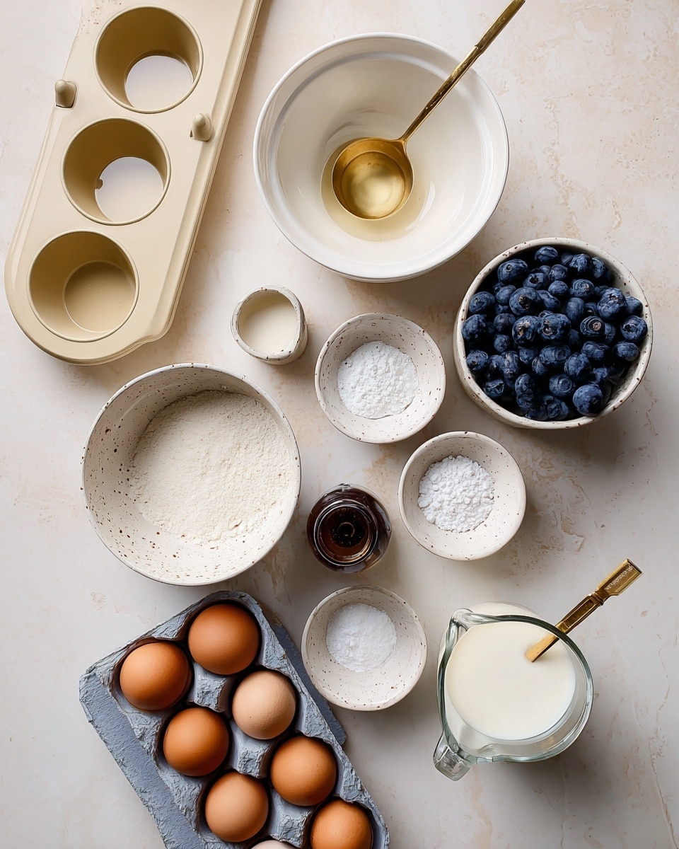 The image shows baking ingredients and tools neatly arranged on a white marbled surface. On the left side, there is a beige muffin tray with three empty holders. Next to it is a white ceramic bowl with a golden measuring spoon immersed in oil. Above it, a round white ceramic bowl is filled with fresh blueberries. Several small white ceramic bowls with speckled details contain white granulated sugar, salt, and baking powder spread across the top and middle right. A brown glass bottle of vanilla extract is near the center. At the bottom left, two brown eggs rest in a gray egg carton. On the bottom right, a glass measuring cup filled with white milk with a golden measuring scoop inside is placed. The whole setting looks clean and well-organized with warm natural light. Photo taken with an iphone --ar 4:5 --v 7