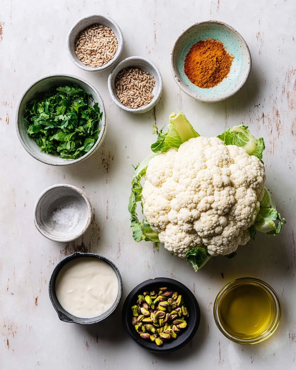 The image shows a fresh whole cauliflower in the center with its white bumpy texture and light green leaves. Surrounding the cauliflower are seven small bowls and a cup, all placed on a white marbled surface. To the left, a bowl filled with green leafy herbs and next to it, a small bowl with brown seeds. Above, a small bowl holding a pile of orange powder, and below it, a cup filled with a creamy white sauce. On the right side, a small white bowl with coarse white salt and a black bowl with chopped green pistachios. Finally, a clear glass container with golden olive oil is also visible near the bottom right. photo taken with an iphone --ar 4:5 --v 7