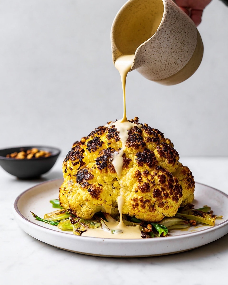 A whole roasted cauliflower sits in the center of a white plate on a white marbled surface, showing a golden-yellow color with charred brown spots on its textured florets. Underneath the cauliflower, there are some slightly browned green vegetables, likely charred leeks or onions, peeking out at the base. Above the cauliflower, a woman's hand pours a smooth, creamy off-white sauce from a speckled beige ceramic cup, with the sauce falling in a long, steady stream onto the top of the cauliflower. In the blurred background, there is a small black bowl filled with mixed nuts or seeds. The photo taken with an iphone --ar 4:5 --v 7