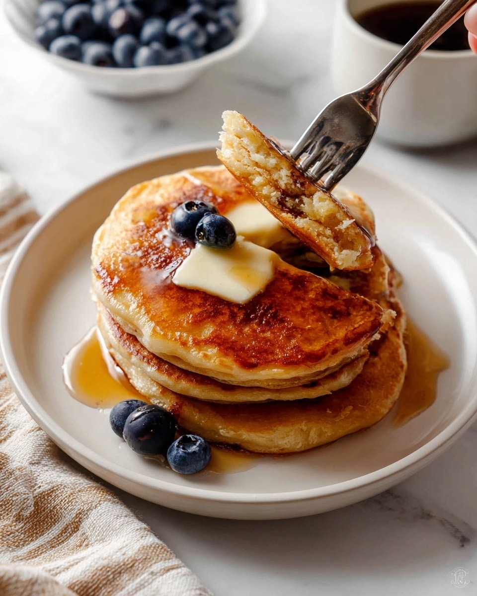 A stack of four golden brown pancakes sits in the center of a white plate on a white marbled surface. The top pancake has a small square of melting butter with syrup slowly dripping over the warm surface, and a single dark blue blueberry placed on top of the butter. A woman's hand holds a fork with a bite-sized piece of pancake lifted off the stack from the front left side. A few more blueberries rest near the pancakes on the plate. In the background, a white bowl filled with more blueberries and part of a white cup with dark liquid are visible on a beige and white striped cloth. Photo taken with an iphone --ar 4:5 --v 7