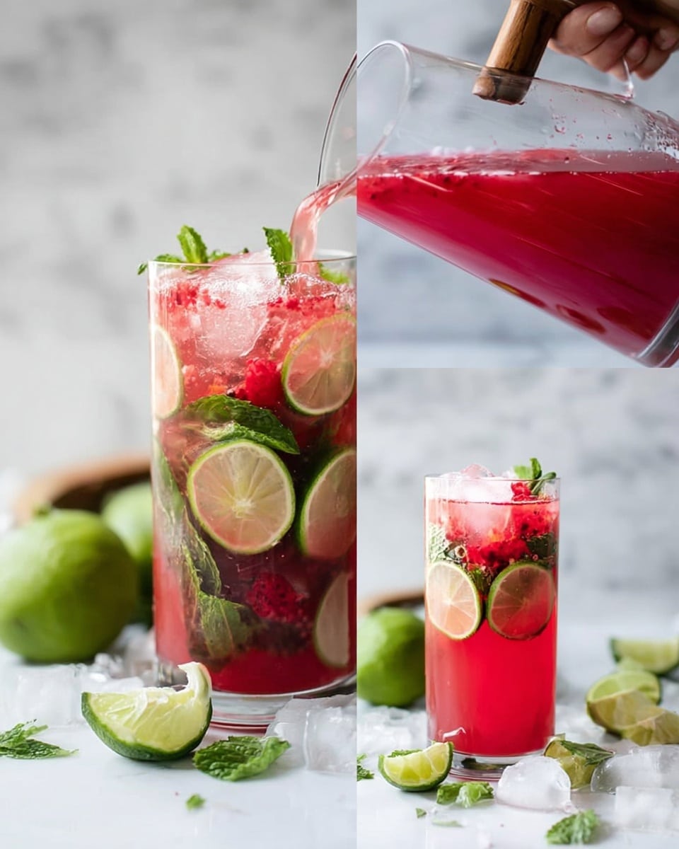 The image shows a tall clear glass filled with a pink-red drink with ice cubes inside. The drink has several thin slices of green lime floating in or placed on the rim of the glass. On the surface of the drink, there are bright green mint leaves and red crushed fruit pieces, and a woman's hand is pouring more of the same pink-red liquid into the glass from a clear pitcher with a wooden handle. Around the glass, you see more ice cubes, lime slices, and mint leaves scattered on a white marbled texture surface. Photo taken with an iphone --ar 4:5 --v 7