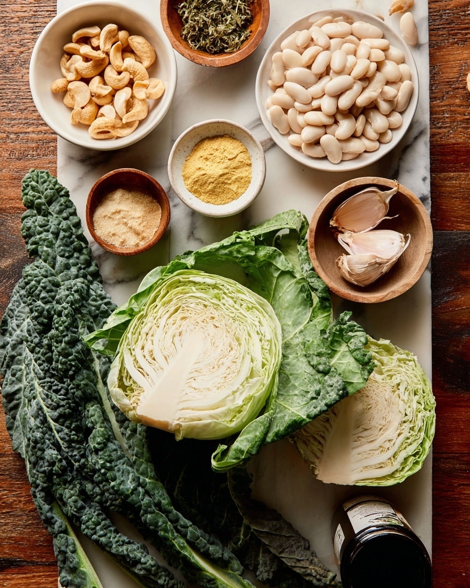 The image shows a close-up of fresh cooking ingredients arranged on a wooden surface with a white marbled texture. In the center, there is a large, cross-sectioned cabbage with pale green and white layers. Surrounding the cabbage, there are dark green curly kale leaves with thick stems. To the left, there are three white bowls: one filled with whole cashew nuts, one with yellow nutritional yeast flakes, and another with sliced almonds. To the right, a brown bowl holds large white beans. Above the cabbage, a white plate holds a small wooden bowl of liquid, two garlic cloves, a small shallot, and a small pile of dried herbs. Another small white plate holds a dollop of grainy mustard. A partial view of a plastic bottle with dark liquid is also visible at the bottom of the image. Photo taken with an iphone --ar 4:5 --v 7