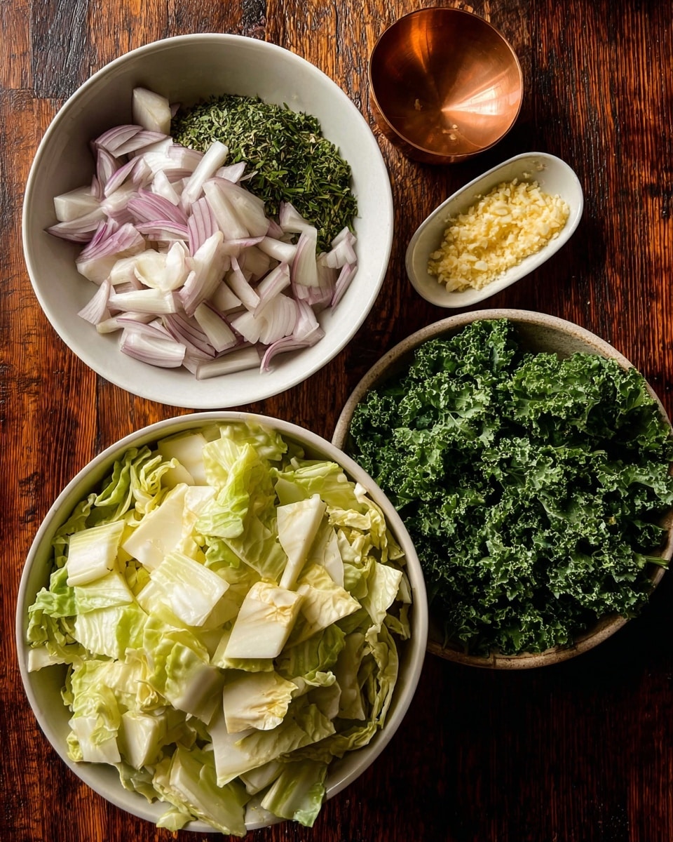 The image shows three white bowls with different ingredients placed on a dark wooden table. The biggest bowl in the front is filled with chopped pieces of light green cabbage, showing a mix of flat and curved leaf parts. To the right is a white bowl full of dark green curly kale leaves, with a rich texture and vibrant color. Behind these, there is a small white plate holding thinly sliced pale purple shallots on one side, a pile of dried green herbs on the other, and a small oval copper container in the middle with finely chopped light yellow garlic. The composition is simple and the colors contrast well against the wooden table. photo taken with an iphone --ar 4:5 --v 7