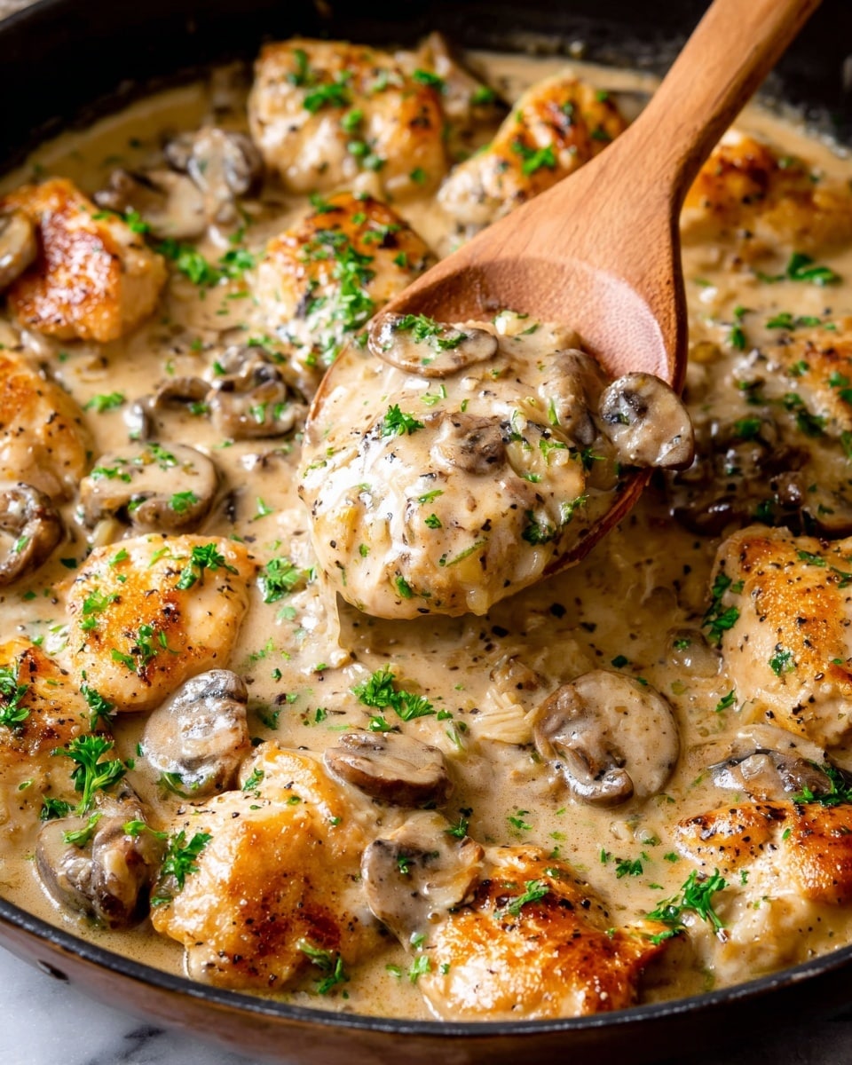 A white plate holds a creamy dish with several layers: at the bottom is a bed of light yellow mashed potatoes with a soft texture, next to bright green string beans and small Brussels sprouts with a shiny surface. On top, there are pieces of light brown meat mixed with sliced mushrooms, all covered in a smooth, beige cream sauce being poured from a spoon held by a woman's hand. Fresh green parsley leaves are sprinkled over the entire dish. The plate is placed on a white marbled surface. photo taken with an iphone --ar 4:5 --v 7