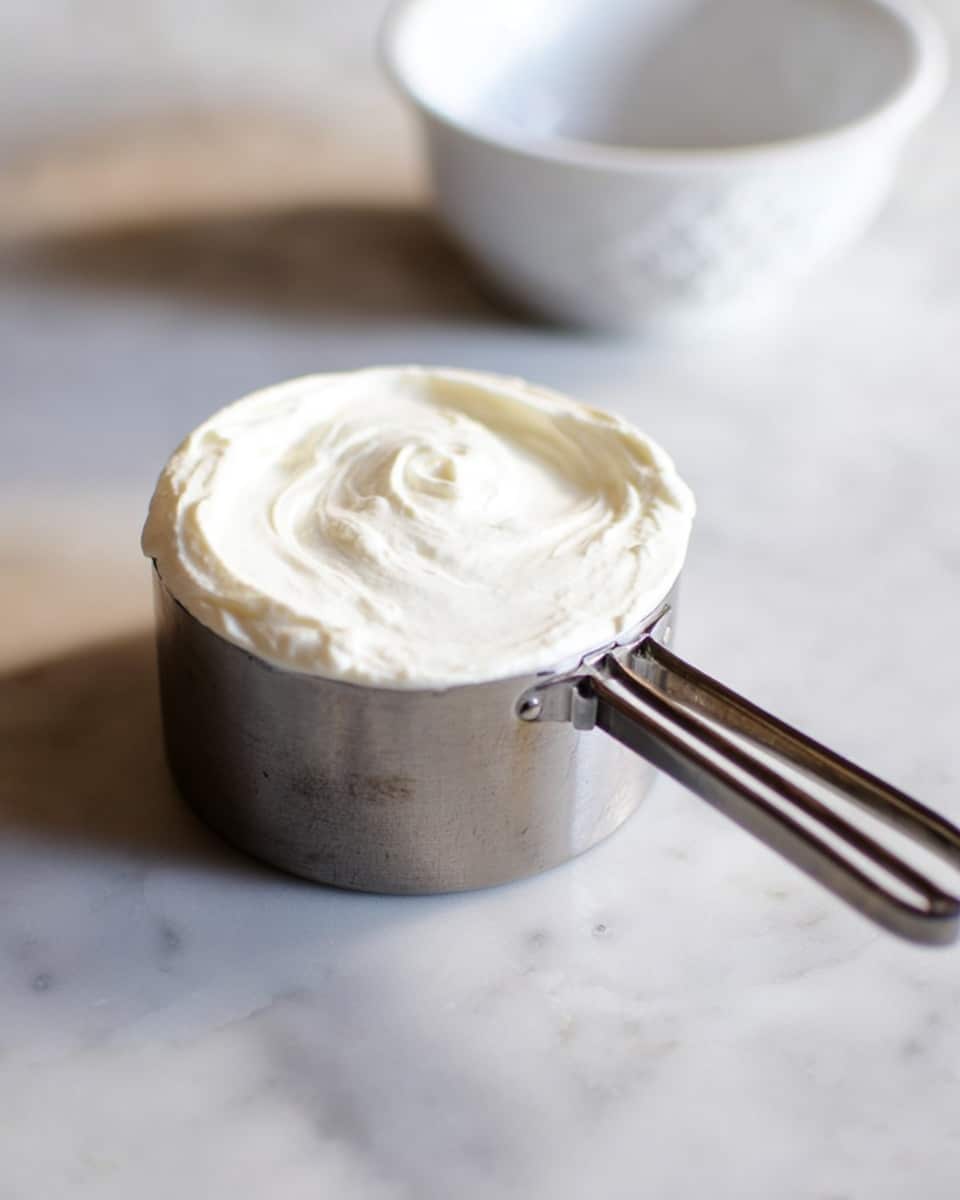 The image shows a metal measuring cup filled with a smooth, thick white creamy substance that is slightly swirled on top. The measuring cup handle extends to the right, and it sits on a white marbled surface. In the background, there is a white bowl that is out of focus, placed behind the measuring cup on the same surface. The lighting is soft and natural, highlighting the texture and bright color of the creamy layer. photo taken with an iphone --ar 4:5 --v 7
