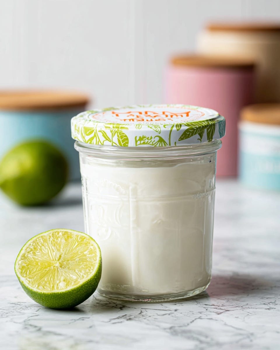 A clear glass jar is filled with smooth white creamy yogurt with a tightly sealed lid featuring a leafy design and orange text. The jar sits on a white marbled surface next to a squeezed lime half, showing bright green skin and pale yellow juicy pulp. Blurred kitchen ingredient containers in soft pastel colors are in the background. photo taken with an iphone --ar 4:5 --v 7