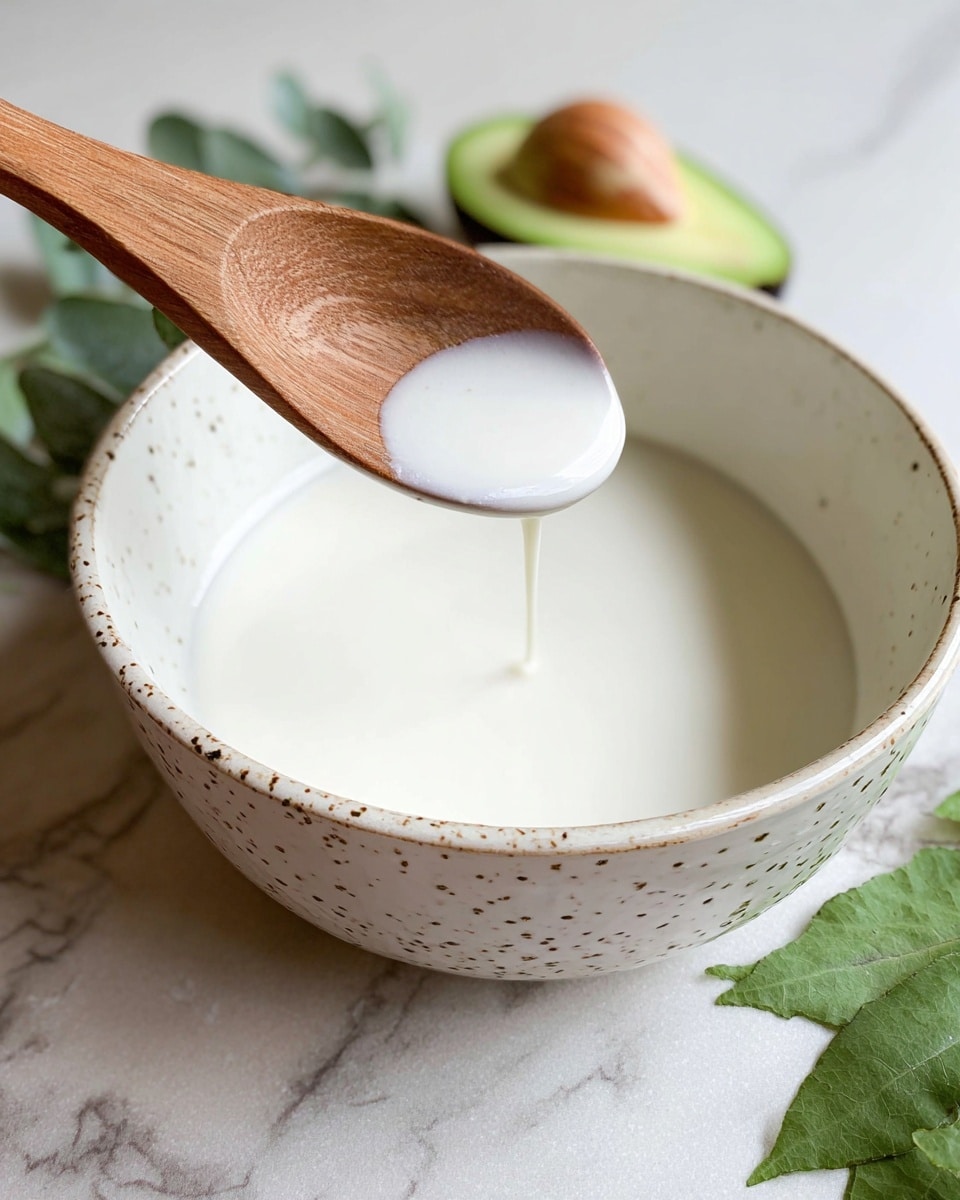 A white bowl with small brown specks on the edge holds a smooth, creamy white liquid. A wooden spoon lifts some of the liquid, showing its thick and flowing texture. The bowl sits on a white marbled surface, with fresh green leaves and a sliced avocado visible beside it. The scene is bright and simple. photo taken with an iphone --ar 4:5 --v 7