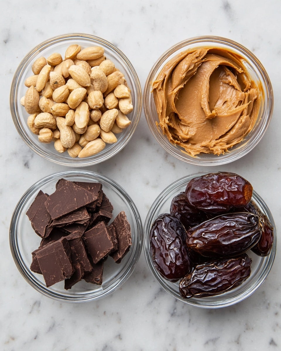 Four small clear glass bowls are placed on a white marbled surface. The upper left bowl is filled with light brown roasted peanuts, the upper right bowl holds smooth light brown peanut butter. The lower left bowl contains rough, irregular pieces of dark chocolate, while the lower right bowl has several dark brown dried dates with a shiny, wrinkled texture. The photo taken with an iphone --ar 4:5 --v 7