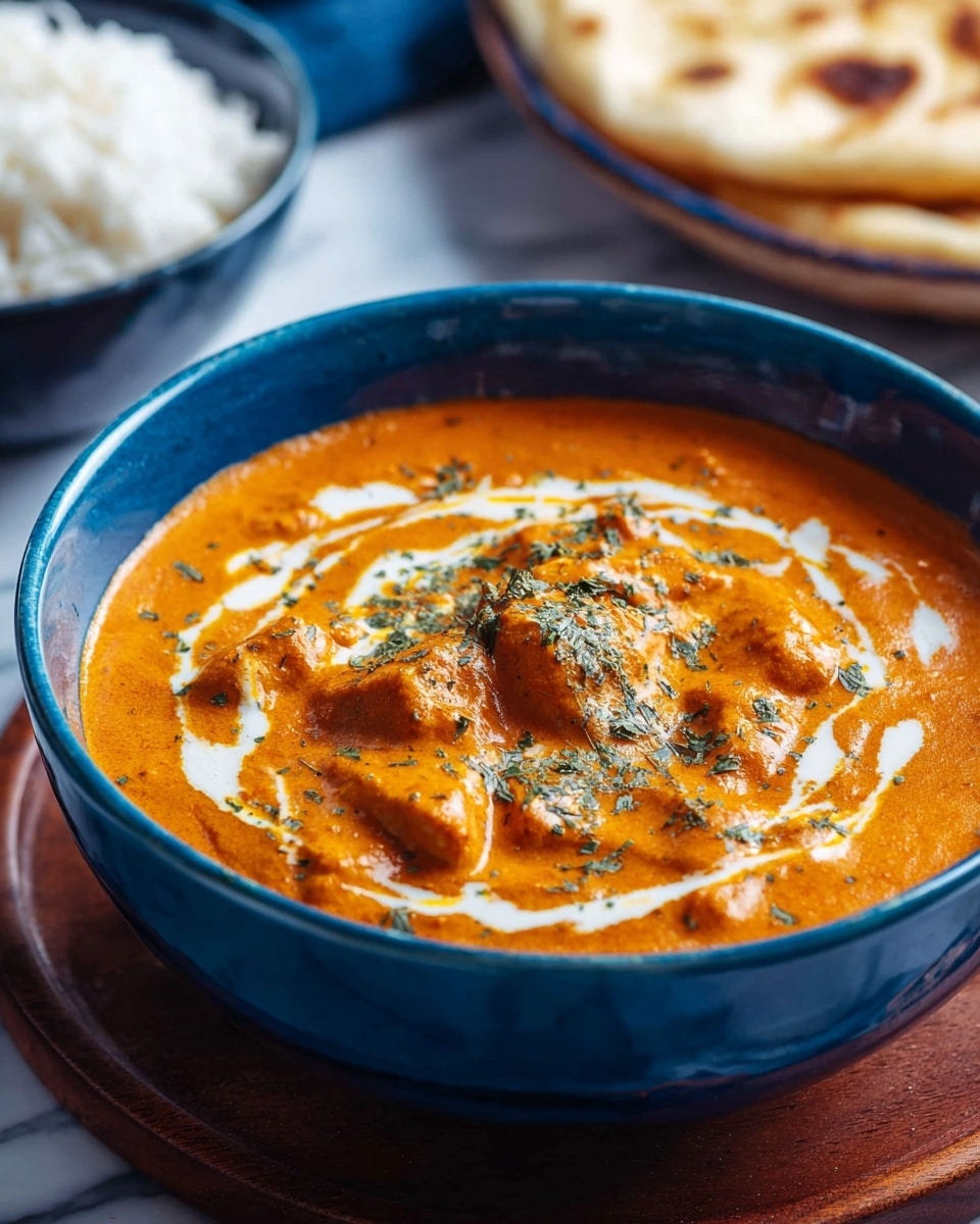 A white plate holds three main layers: at the bottom, there is a bed of white, fluffy rice with long grains neatly spread out. On top of the rice is a thick orange creamy sauce with visible chunks of meat coated in it, covering about half of the rice. Leaning on the side of the sauce is a piece of soft naan bread with a lightly charred surface showing golden brown and dark spots. On the right side of the sauce, there are three crescent-shaped slices of red onion with a fresh purple and white color. A small sprig of green cilantro is placed near the bottom center of the plate. The whole plate sits on a white marbled surface. Photo taken with an iphone --ar 4:5 --v 7