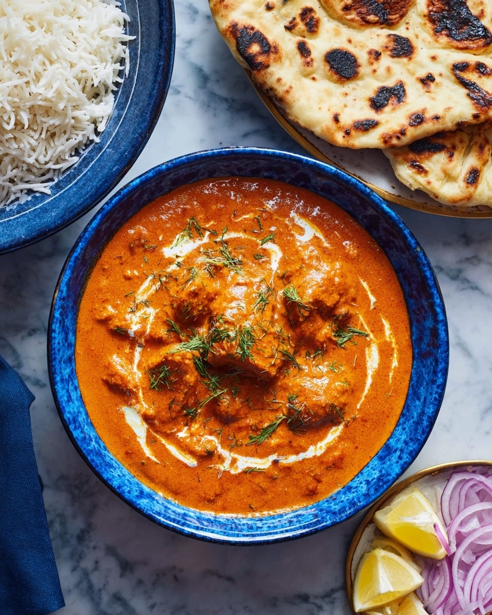 A bright blue bowl holds an orange curry with pieces of meat visible through the thick, smooth sauce. Light cream swirls decorate the surface slightly, and greenish herbs are sprinkled on top. To the top right, a white plate carries several pieces of toasted flatbread with dark brown char marks. In the lower left corner, a blue bowl filled with white rice grains is partly visible. The bottom right shows a white plate with red onion slices and two lemon wedges. The entire setup is laid on a white marbled textured surface. photo taken with an iphone --ar 4:5 --v 7