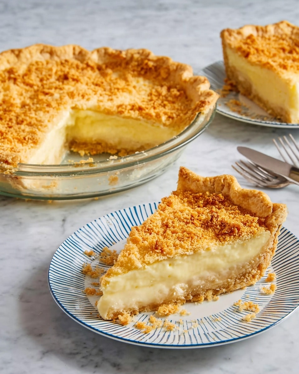 A creamy pie with a thick, pale yellow filling sits inside a clear glass pie dish with a golden, flaky crust that is crimped around the edges. On a white plate with blue stripes, a single slice of the pie shows three layers: the bottom flaky golden crust, the smooth creamy filling in the middle, and a top light golden toasted layer with crumbs. The background is a white marbled surface, with another similar slice of pie on a matching plate seen in the distance, with a fork nearby. Photo taken with an iphone --ar 4:5 --v 7