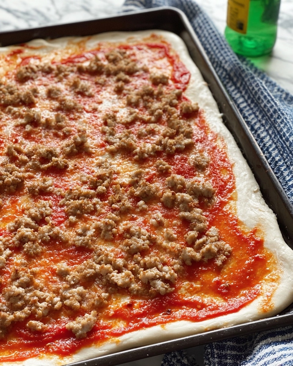 A close-up view of an uncooked rectangular pizza on a black baking tray, placed on a white marbled surface. The pizza has a thick, pale dough crust with a slightly uneven edge. The first layer is a bright red tomato sauce spread unevenly across the dough, leaving some crust visible. On top of the sauce, there is a scattering of crumbly, cooked ground meat, light brown and slightly speckled with black seasoning. Some white powder, likely flour, is lightly dusted unevenly over the tomato sauce and meat. The background includes a blue and white striped cloth and a green bottle. photo taken with an iphone --ar 4:5 --v 7
