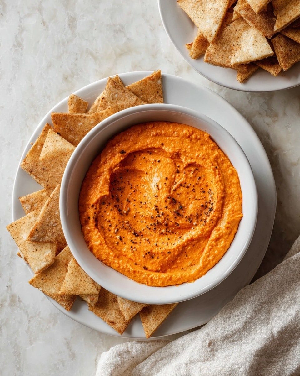 A white plate holds a white bowl filled with thick, bright orange dip, textured with small lumps and swirled on top, sprinkled lightly with black pepper. Surrounding the bowl on the plate are several pieces of crispy, light to medium brown pita chips, square and slightly uneven in shape. Nearby, another white plate contains more pita chips stacked casually. The setting is on a white marbled surface, with a soft white cloth partially visible at the bottom right corner. photo taken with an iphone --ar 4:5 --v 7