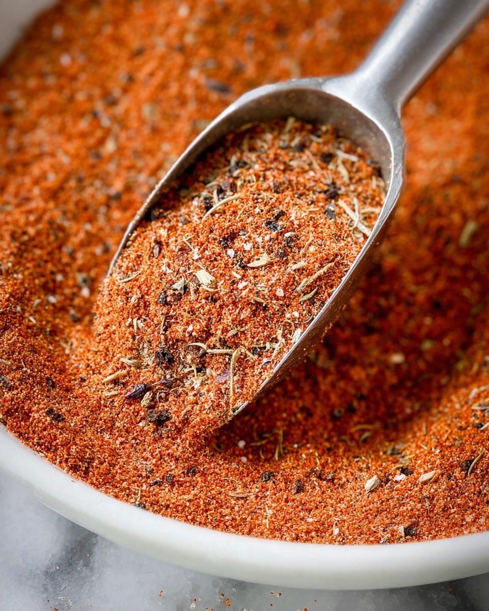 A close-up image of a silver spoon filled with a mix of finely ground spices, mainly bright orange-red in color with visible small pieces of white salt, green herbs, and black pepper flakes. The spoon is angled slightly downwards, resting on more of the same spice blend spread out below it, all set against a white marbled surface. The texture looks coarse and grainy with a mixture of smooth powder and small chunks. photo taken with an iphone --ar 4:5 --v 7