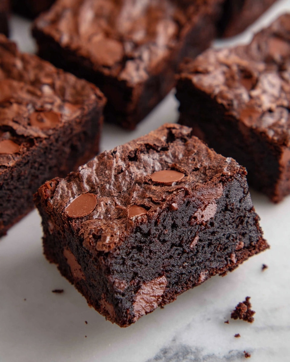 The image shows several dark brown brownies with a rich, cracked top layer. Each brownie is thick and dense, with a soft and moist texture inside that is studded with lighter brown chocolate chunks spread evenly throughout. They are arranged close together on a white marbled surface with some crumbs scattered around. The focus is sharp on the front brownie, showing its textured interior clearly, while the background brownies are slightly out of focus. Photo taken with an iphone --ar 4:5 --v 7