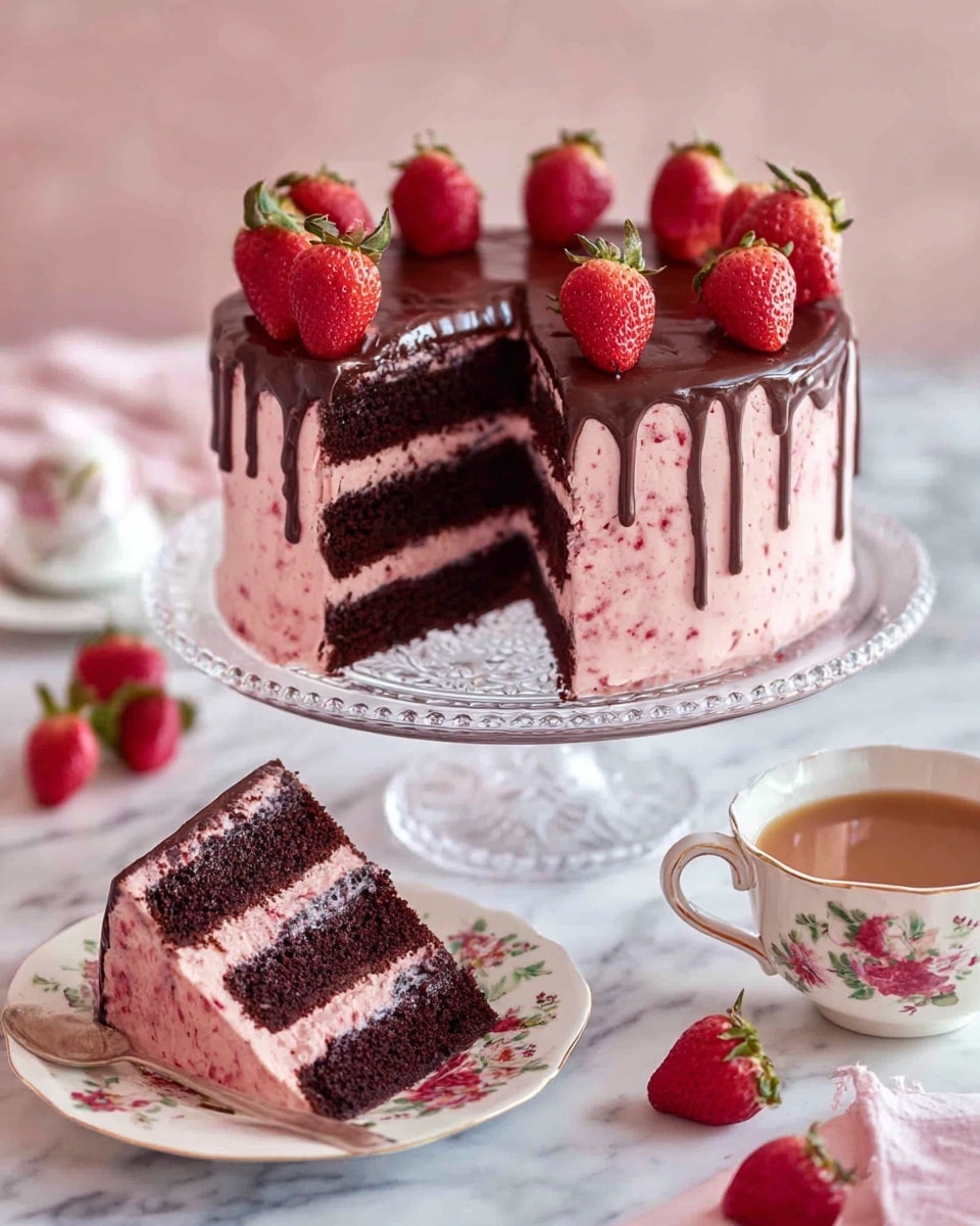 A three-layer dark chocolate cake with light pink frosting between each layer and all around the outside. The top is covered with shiny dark chocolate glaze that drips down the sides slightly. Bright red whole strawberries are placed evenly around the top edge of the cake, standing upright on the chocolate glaze. A slice is being lifted out, showing the dark chocolate inside layered with the pink frosting. The cake sits on a clear glass cake stand on a white marbled surface. Photo taken with an iphone --ar 4:5 --v 7
