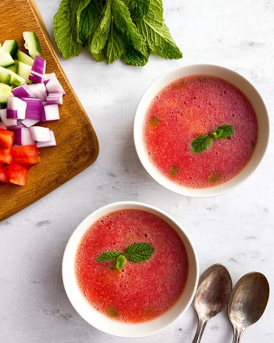 Two white bowls filled with a bright red soup with a foamy texture on top are set on a white marbled surface. Above the bowls, there is a small bunch of fresh green mint leaves. To the left side, a wooden cutting board holds evenly diced pieces of purple onion, red tomato, and green cucumber, arranged in neat rows. On the bottom right corner near the bowls, two silver spoons lie crossed. The scene is bright and fresh with a clean, simple look photo taken with an iphone --ar 4:5 --v 7