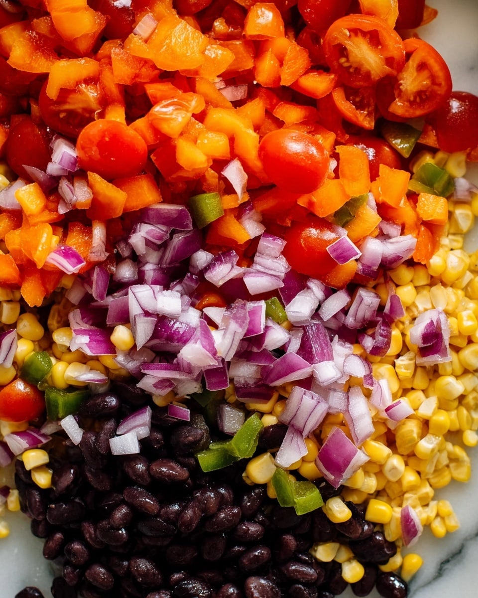 The image shows a colorful mix of chopped vegetables and beans in close-up. There are three main layers: the bottom layer has yellow corn kernels with some small green pieces; the middle layer features black beans scattered around; and the top layer is a mix of bright red cherry tomato halves, diced orange bell peppers, and small pieces of purple-red onion. The colors are bright and fresh, with a rough texture from the chopped vegetables. The dish is placed on a white marbled texture. Photo taken with an iphone --ar 4:5 --v 7