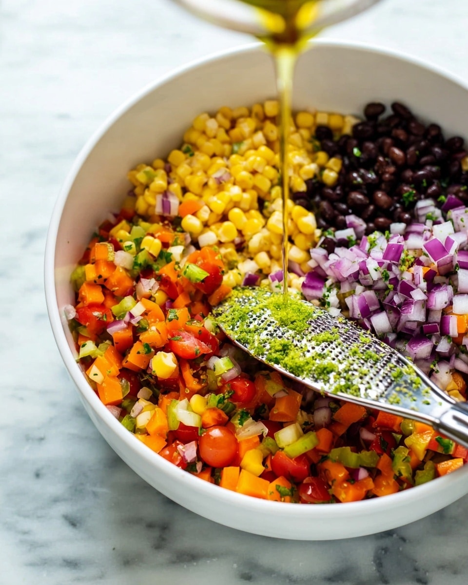 The image shows a white bowl filled with a colorful salad made of various chopped vegetables. There are bright yellow corn kernels, diced orange bell peppers, small red cherry tomato halves, and chopped purple onions layered evenly throughout the bowl. Black beans add a dark color contrast, and tiny bits of green herbs are sprinkled on top. A silver spoon is resting in the bowl, and golden oil is being poured over the mixture, creating a shiny surface on the vegetables. A zester with bright green lime zest rests on the edge of the bowl, and the whole setup is on a white marbled surface. Photo taken with an iphone --ar 4:5 --v 7
