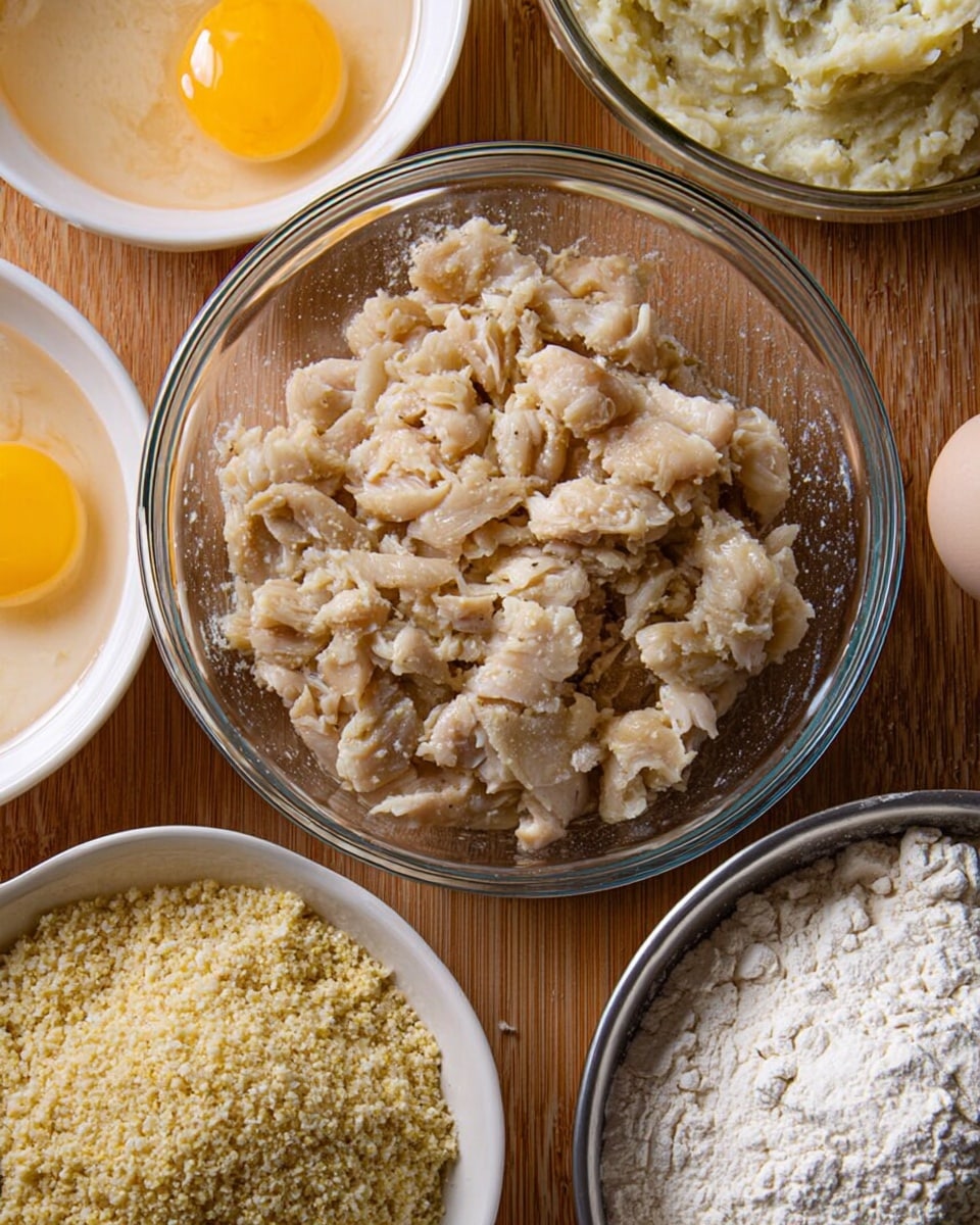 The image shows a clear glass bowl in the center filled with small, uneven pieces of light beige cooked chicken with some oily shine. Around it, there are four bowls: the top left bowl is white with two raw egg yolks and whites, the bottom left bowl is white filled with fine, light yellow breadcrumbs, the top right bowl is partially seen and filled with a white, fluffy mashed potato mixture in a metal bowl, and the bottom right bowl is white holding a soft heap of white flour. All bowls are placed on a brown wooden surface with a white marbled texture barely visible. Photo taken with an iphone --ar 4:5 --v 7