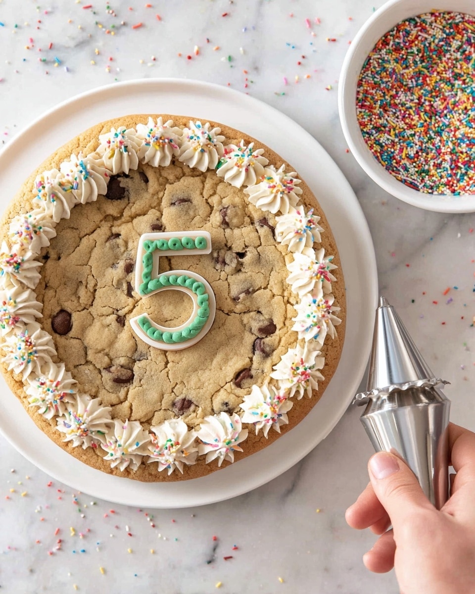 A large round chocolate chip cookie cake rests in a white plate. The cookie surface is light brown with visible chocolate chips. The cake has a ring of white frosting piped in star shapes around the edge, each topped with colorful rainbow sprinkles. In the center of the cookie cake, the number