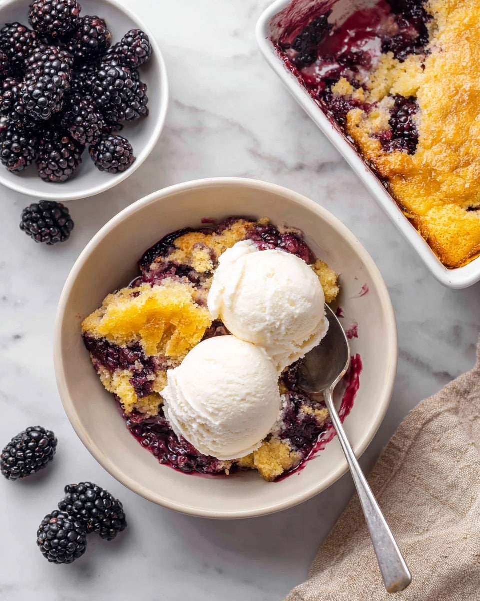 A bowl shows a blackberry cobbler dessert with three layers: the bottom layer is dark purple blackberries, the middle layer is golden yellow cobbler cake with a crumbly texture, and the top layer is two white scoops of ice cream with a creamy and smooth texture, all mixed together unevenly. A silver spoon is placed inside the bowl on the right side. In the background, a white rectangular baking dish with a golden yellow cobbler cake, with some blackberries peeking through the top right edge, rests on a white marbled surface. To the left, there is a white bowl filled with shiny blackberries, and a few fresh blackberries are scattered on the marble surface. A beige cloth is seen on the bottom right corner. photo taken with an iphone --ar 4:5 --v 7