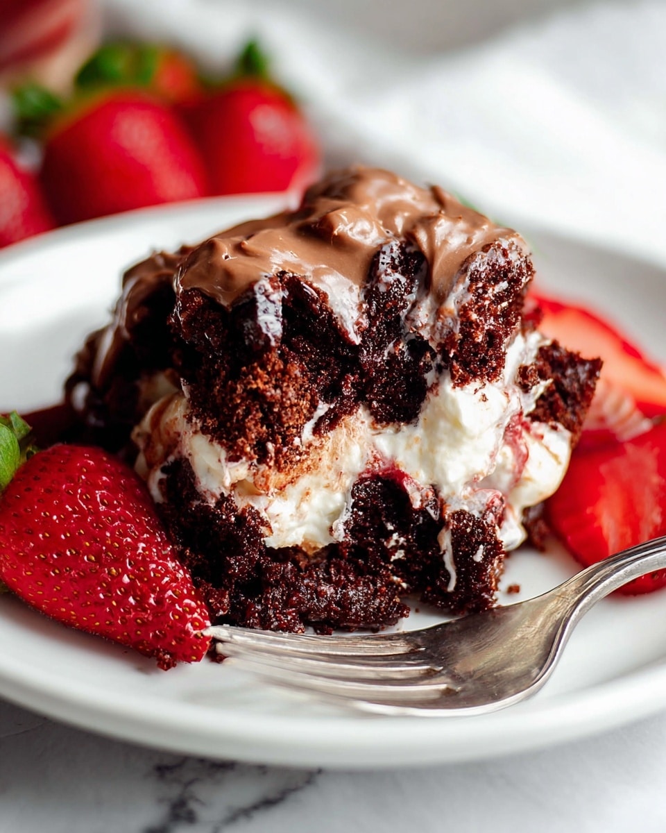 This image shows a close-up of a dessert on a white plate with a white marbled surface background. The dessert has several layers: at the bottom, there are dark brown chocolate cake pieces that look moist and crumbly. On top of the cake is a thick layer of smooth, creamy milk chocolate sauce. There is also a fluffy white cream layer mixed in between the cake and chocolate sauce. Around the dessert on the plate, there are bright red strawberries with green stems, adding a fresh touch. A silver fork is placed at the bottom right of the plate, partially touching the dessert. Photo taken with an iphone --ar 4:5 --v 7