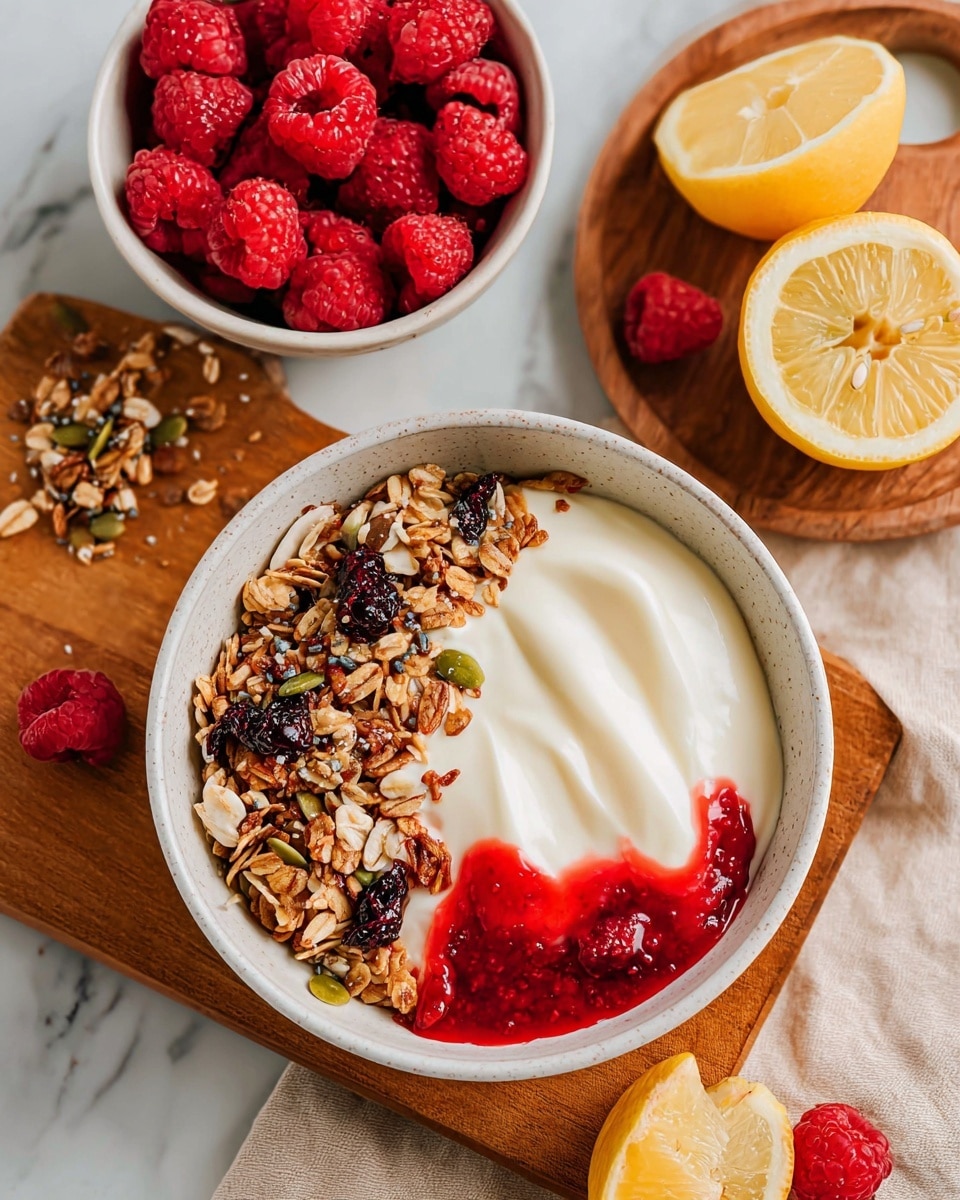 A white bowl filled with creamy white yogurt, topped on one side with granola that has oats, seeds, nuts, and dark dried berries, and on the other side with bright red raspberry sauce and fresh raspberries. Behind it, a smaller white bowl holds fresh raspberries with green stems. To the right is a wooden board with a halved lemon showing bright yellow inside, and a couple of loose raspberries on the board. The background is a white marbled surface with a beige cloth partially visible under the bowls. Photo taken with an iphone --ar 4:5 --v 7