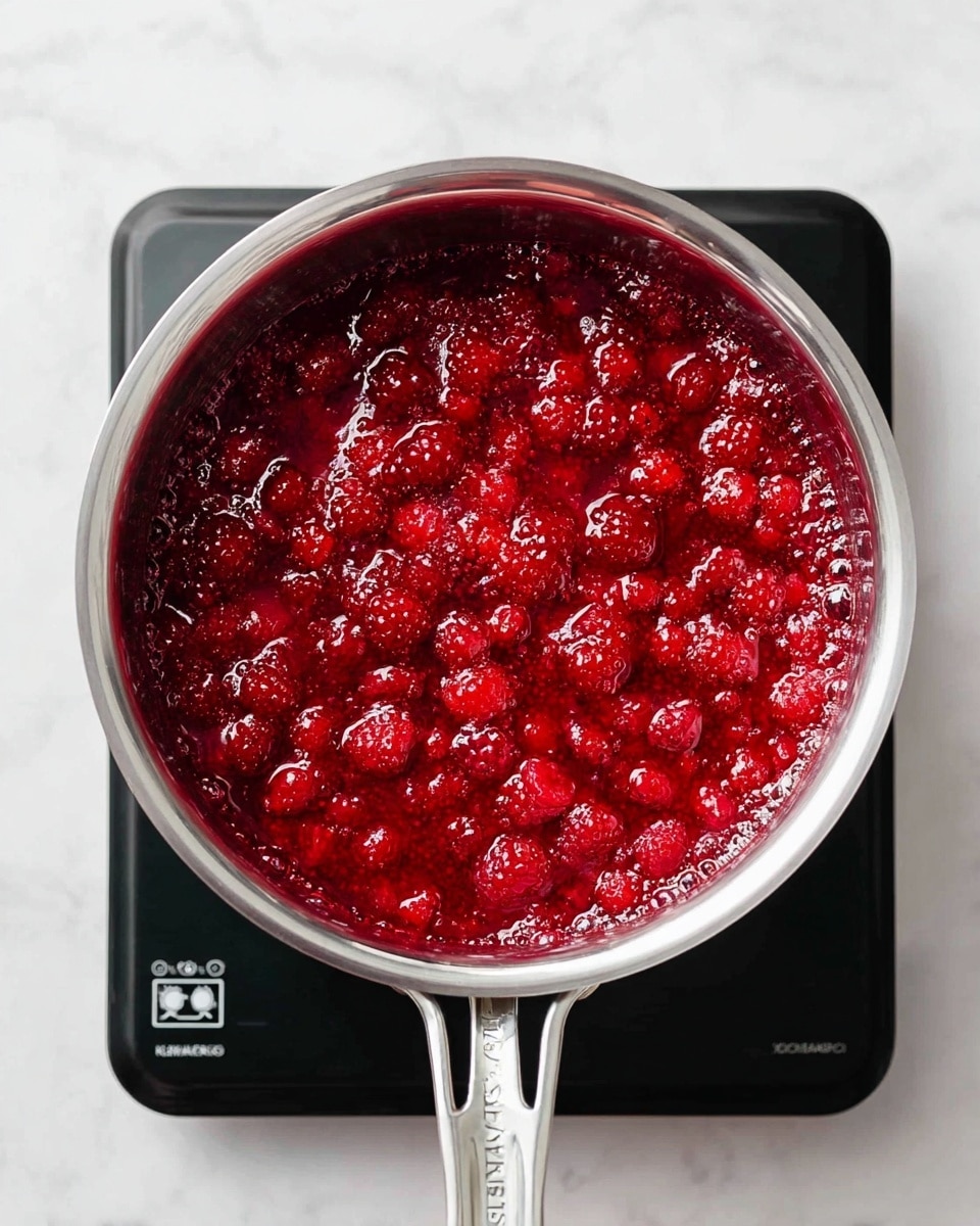 A shiny silver pot filled with bright red raspberry sauce is placed on a black electric stove. The sauce is thick with many whole and crushed raspberries visible, showing a mix of smooth and bumpy textures. Bubbles appear on the sauce surface, indicating it is hot and cooking. The stove and pot sit on a white marbled surface, enhancing the vivid red color of the sauce against the simple background. Photo taken with an iphone --ar 4:5 --v 7