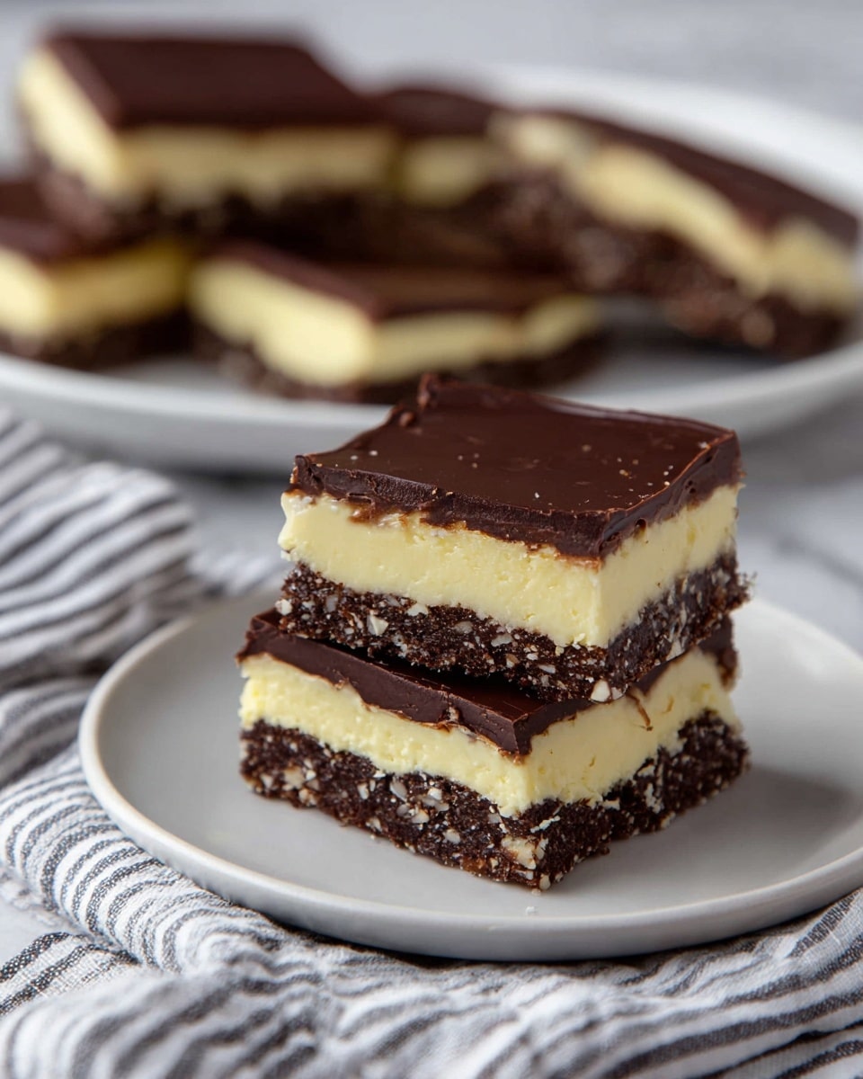 The image shows a close-up of thick square slices of a three-layered dessert on a white round plate. The bottom layer is dark brown with a rough texture from nuts or crumbs, the middle layer is thick and creamy in light yellow color, and the top layer is smooth dark chocolate with a shiny finish. In the background, there is another white plate with more pieces of the same dessert stacked, and beneath both plates is a white marbled surface covered partly by a striped cloth. photo taken with an iphone --ar 4:5 --v 7