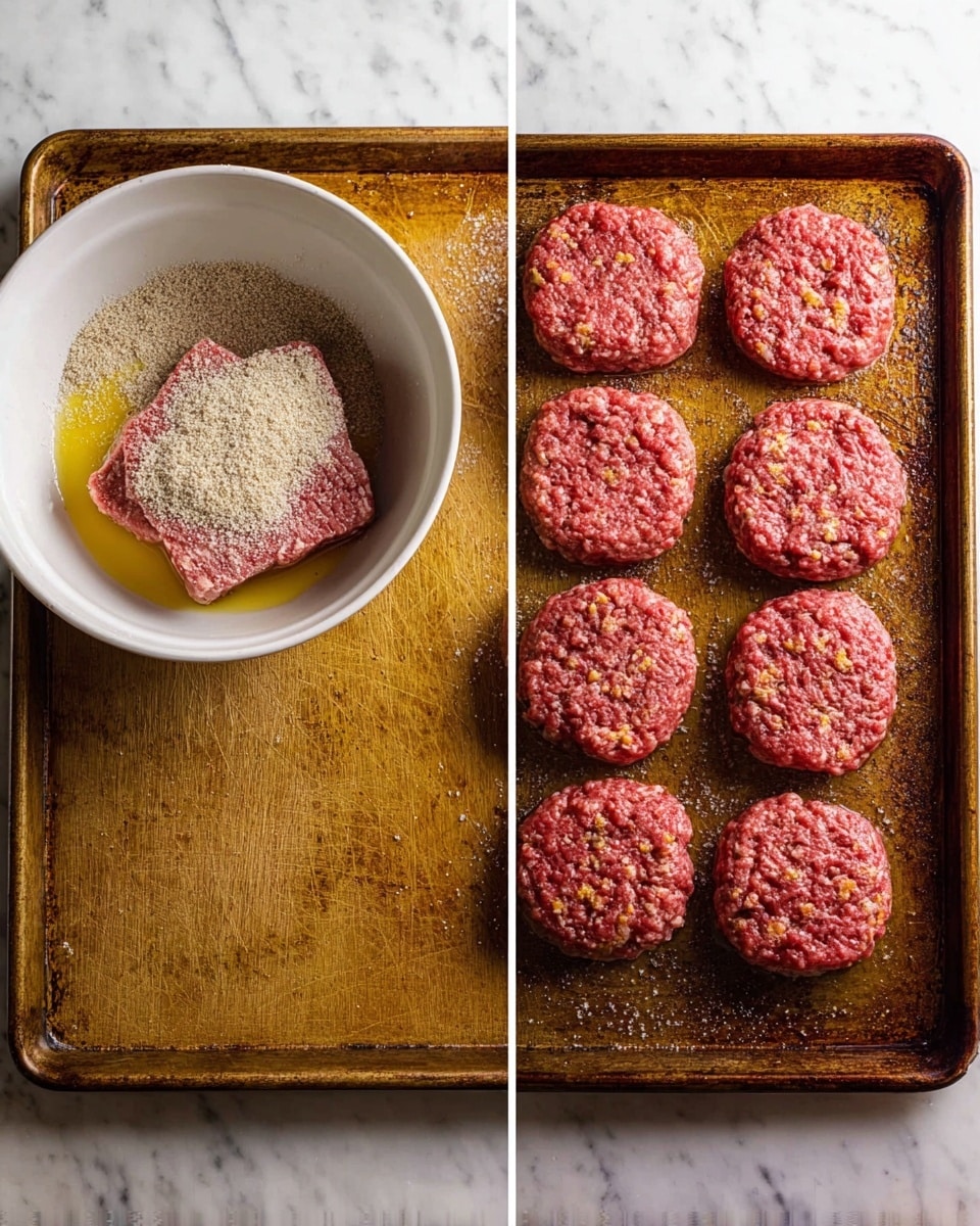 The left side shows a white bowl on a white marbled surface filled with raw ground meat forming two thick square layers at the bottom, topped with light brown breadcrumbs, grayish flour, and a yellow oily liquid pooling around the meat. On the right side, a baking tray holds eight round, pink meat patties neatly arranged in rows, with a coarse texture and small yellowish bits mixed in, all set on the same white marbled surface photo taken with an iphone --ar 4:5 --v 7