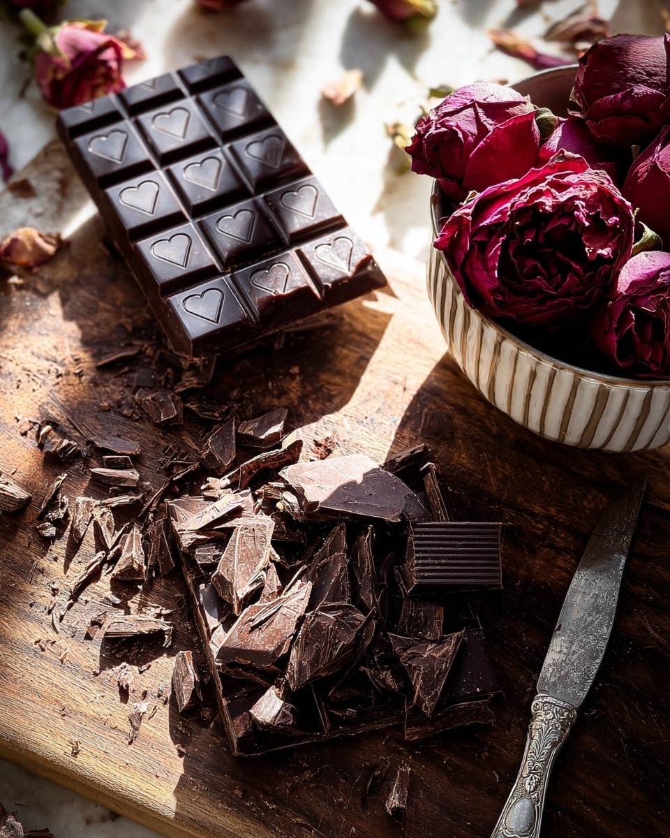 The image shows a dark wooden surface covered with pieces of broken dark chocolate in the center. On the left side, there is a bar of dark chocolate with visible heart shapes on each square. Around the chocolate, there are dried dark red roses, some lying flat on the surface and others placed inside a white bowl with ridged patterns on the right side of the image. A knife with a detailed handle lies next to the broken chocolate pieces on the bottom right. The whole scene is lit with warm light, creating strong shadows and highlights. The background is a white marbled texture. photo taken with an iphone --ar 4:5 --v 7
