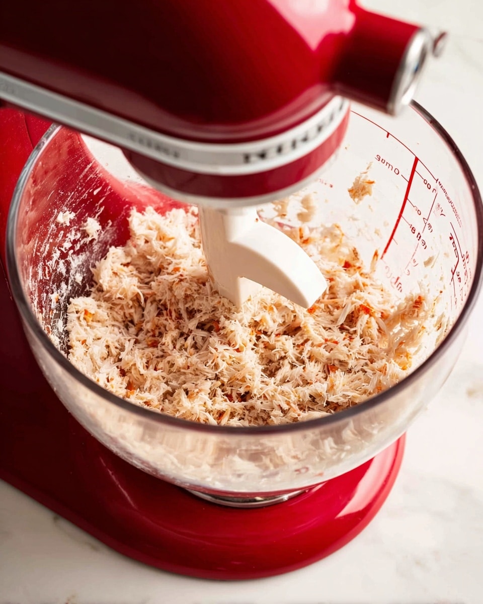 A glass bowl attached to a bright red stand mixer holds finely shredded light beige meat with some orange bits mixed in. The bowl has measurement markings on the side and contains a white mixing paddle partly covered in the shredded meat. The scene rests on a white marbled surface. Photo taken with an iphone --ar 4:5 --v 7
