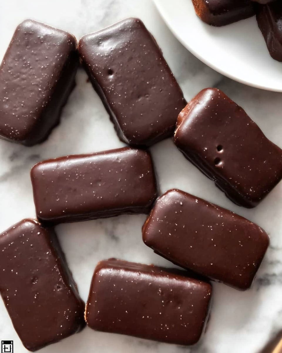The image shows several rectangular chocolate-covered treats placed closely together on a white marbled surface. Each piece has a smooth, dark brown chocolate coating with a slightly shiny texture and subtle small bumps or air bubbles on the surface. The treats appear dense with no visible layers in the exterior, and all are similar in size and shape, giving a uniform look. The background is a white marbled texture, and a white plate partially appears in the top right corner with some treats on it. photo taken with an iphone --ar 4:5 --v 7