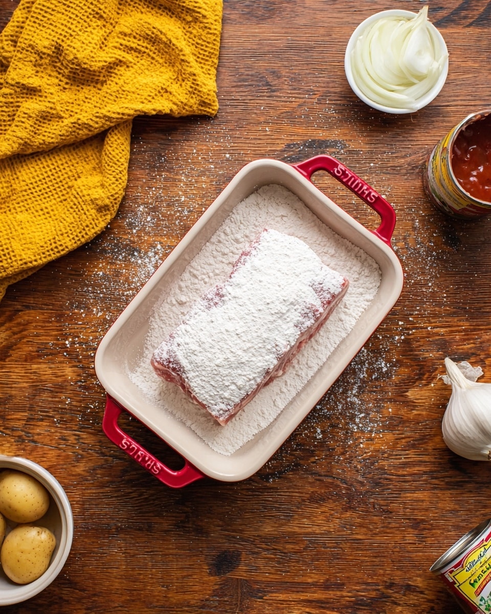 A rectangular white baking dish with red handles holds a piece of raw meat covered in a thick layer of white flour, resting in more flour that lines the base of the dish. Around the dish, on a wooden surface, there is a mustard yellow waffle-textured cloth in the top left corner, a small white bowl with sliced white onions in the top right corner, a whole white garlic bulb near the bottom right, and a white bowl with potato halves next to an open can of tomato paste near the bottom right edge. Photo taken with an iphone --ar 4:5 --v 7