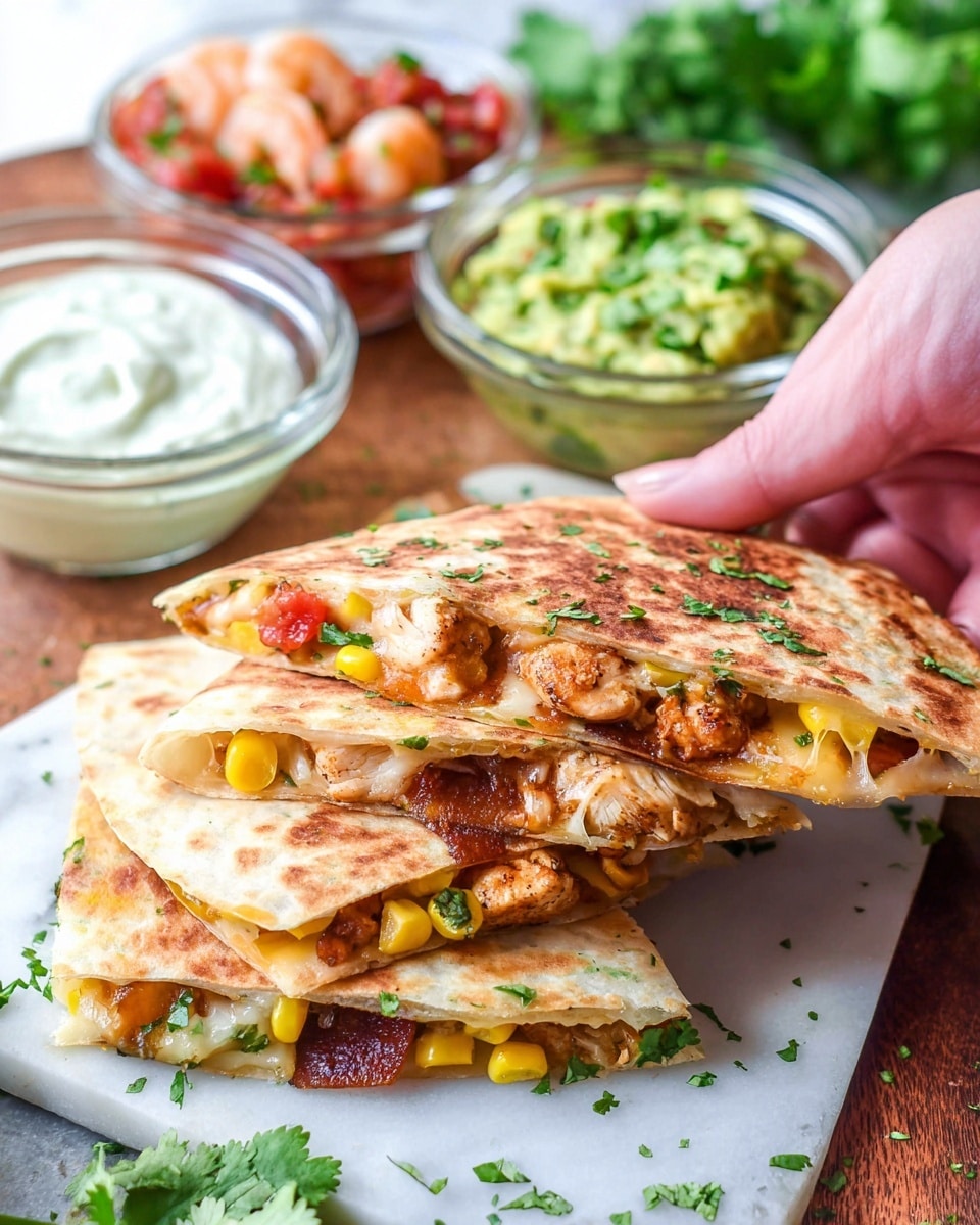A close-up image shows three folded quesadillas stacked on a white marbled surface, each quesadilla having a golden-brown toasted tortilla layer sprinkled with green chopped cilantro. Inside, layers contain grilled chicken pieces, yellow corn kernels, bacon bits, and melted cheese, giving texture and color contrast. A woman's hand is lifting the top quesadilla, revealing the inside fillings. Behind the quesadillas are four small clear glass bowls arranged in a slight curve, containing fresh tomato salsa with green herbs, chunky green guacamole, spicy grilled shrimp, and creamy white dipping sauce, all on a white marbled surface. Some green cilantro leaves are scattered around the bowls. Photo taken with an iphone --ar 4:5 --v 7