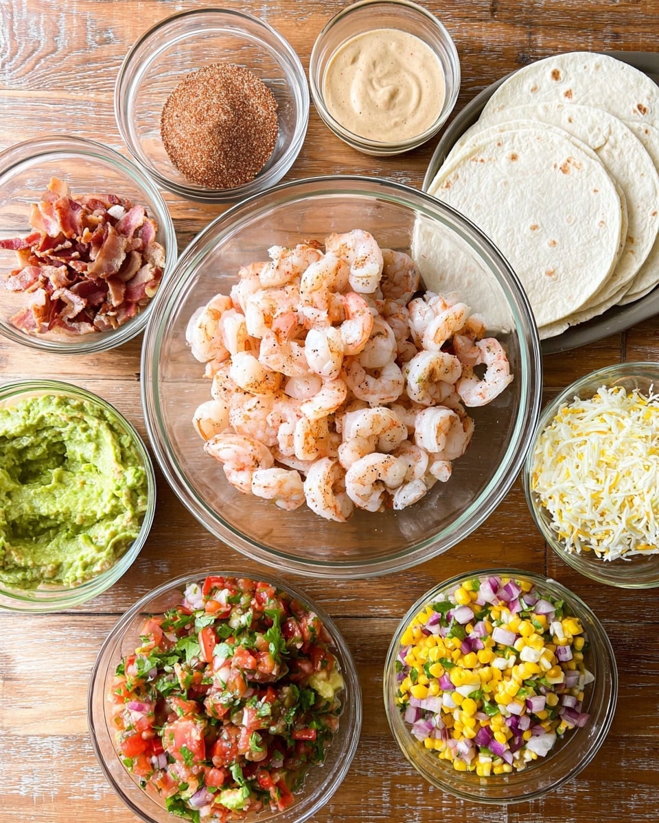 The image shows a top view of various ingredients in clear glass bowls arranged on a wooden surface. At the center, there is a large bowl filled with pink and white shrimp. Surrounding it clockwise are three white tortilla wraps, a small bowl with chopped cooked bacon, a bowl with a creamy light brown sauce, a bowl with coarse reddish seasoning, a bowl with fresh tomato salsa with green herbs, a bowl with green guacamole, a bowl with shredded white cheese, and a bowl with colorful corn salsa consisting of yellow corn, red bell peppers, purple onions, and green herbs. The setting is bright and clean, showing freshness and variety. Photo taken with an iphone --ar 4:5 --v 7