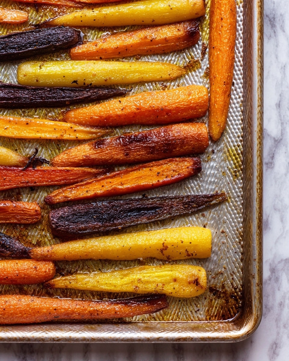 A close-up view of a baking tray filled with roasted carrot halves laid in rows across the tray. The carrots come in different colors including orange, yellow, and deep purple, all showing a caramelized, slightly crispy texture on the surface with some darker roasted edges. The tray itself is silver with a dimpled pattern, and there are spots of caramelized oil and seasoning around the carrots. The background is a white marbled texture. photo taken with an iphone --ar 4:5 --v 7