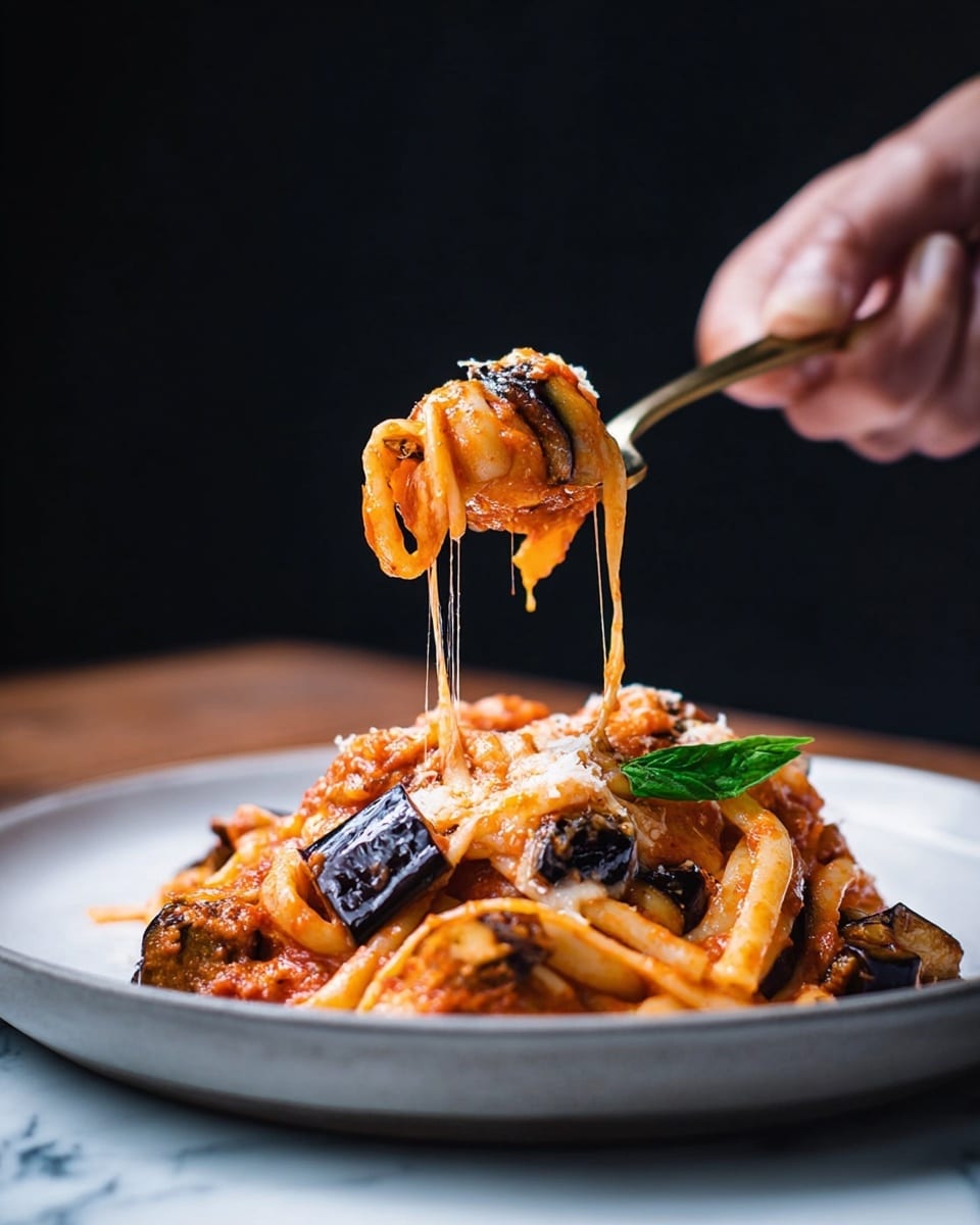 A close-up of a spoon lifting creamy pasta mixed with an orange-red tomato sauce from a white plate. The pasta strands are thick and coated with melted cheese that stretches in thin strands from the plate. There are cubes of dark purple eggplant mixed in with the pasta, adding texture and contrast. A green herb leaf lies on the side, adding a small touch of freshness. A woman's hand is holding the spoon, with the background dark and the surface white marbled. photo taken with an iphone --ar 4:5 --v 7