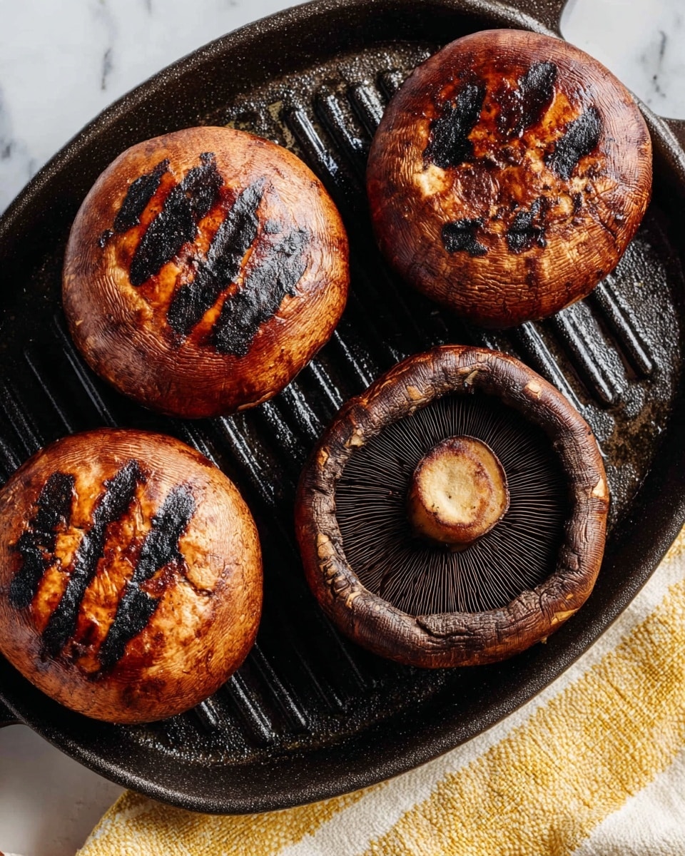 Four grilled large brown mushrooms rest on a black grill pan with textured ridges. Three mushrooms are shown from the top, each with dark brown and black charred grill marks on their smooth caps, creating a bold contrast with their rich brown surface. One mushroom is flipped, revealing its dark, dense, and ribbed underside that contrasts with the lighter brown edges. The grill pan sits on a white marbled surface with a yellow and white cloth partially visible underneath. Photo taken with an iphone --ar 4:5 --v 7