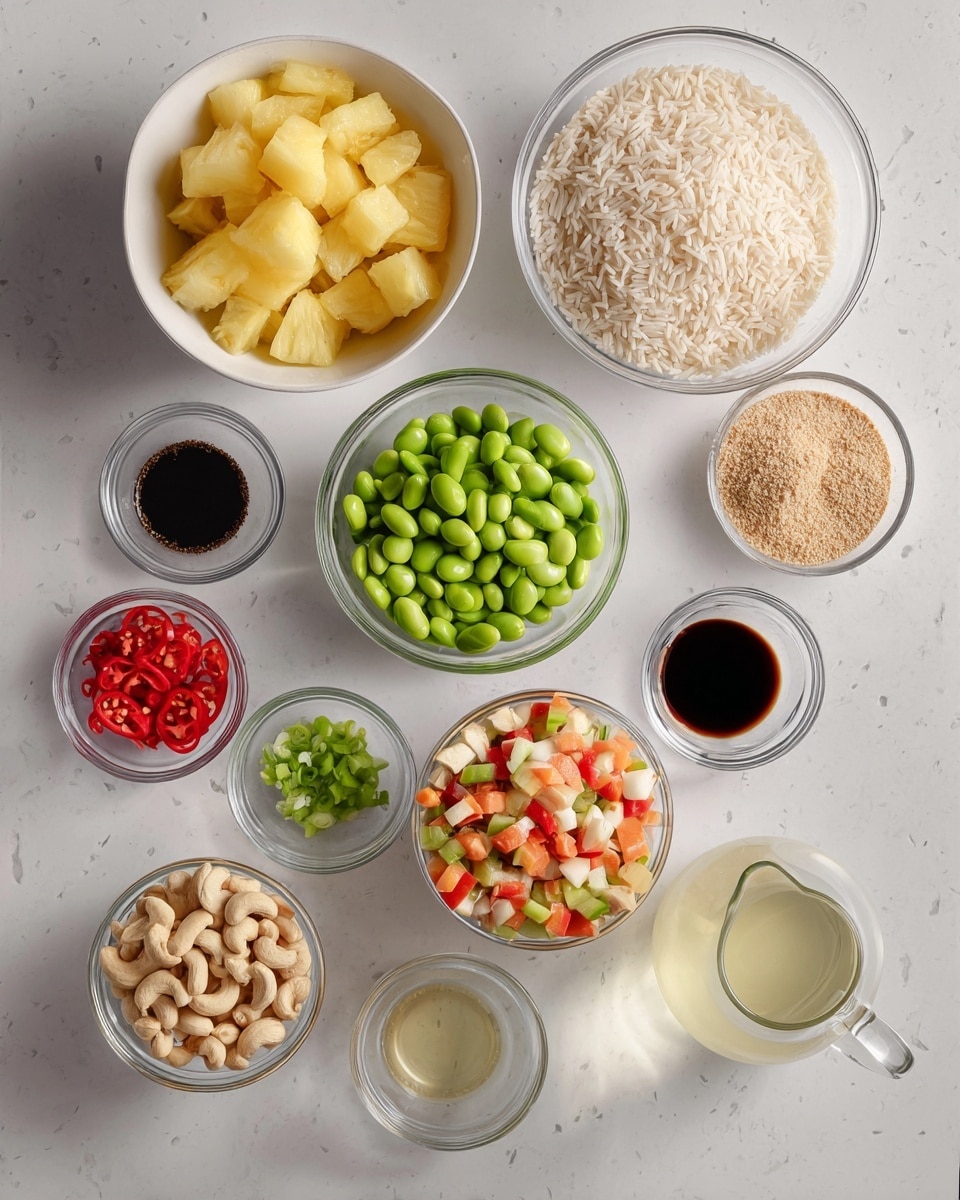 There are several small white bowls and clear glass bowls on a white marbled surface, each holding different cooking ingredients. One bowl is filled with light yellow pineapple chunks in juice, another bowl holds dry white rice with long grains. A clear glass bowl is full of bright green edamame, and another clear bowl contains pale beige cashew nuts. One white bowl is filled with mixed chopped vegetables in red, orange, and white colors. There are small clear glass bowls with red chili slices, dark black sauce, light brown powdered seasoning, and chopped green onions. A small glass pitcher contains a clear liquid, and another small bowl has a pale yellow liquid. The set looks clean and neatly arranged for cooking preparation photo taken with an iphone --ar 4:5 --v 7