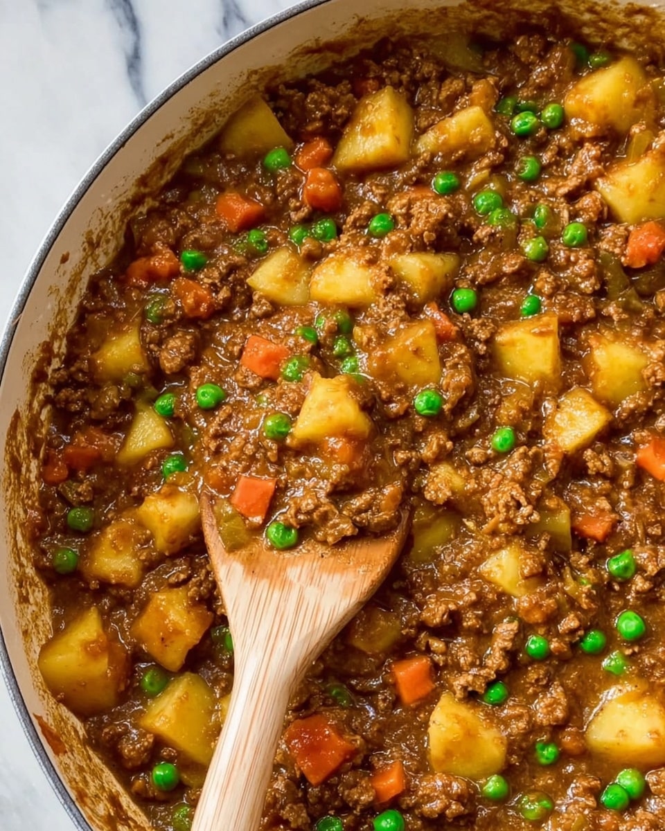 This image shows a close-up of a stew in a white pan with brown ground meat mixed with diced yellow potatoes, small bright green peas, and tiny orange carrot pieces. The mixture has a thick brown sauce that looks rich and hearty, covering the soft textures of the vegetables and meat. A wooden spoon is placed in the pan, partially covered with the stew, showing the chunky and moist consistency. The background is a white marbled surface. Photo taken with an iphone --ar 4:5 --v 7
