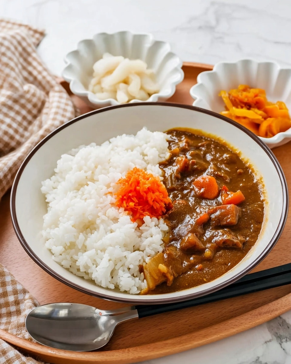 A white bowl with a dark rim is filled with two main layers: plain white rice on the left side and a thick brown curry with visible chunks of vegetables like orange carrots and pieces of meat on the right side, partially covering the rice. On top of the rice near the curry is a small heap of bright orange pickled vegetables. The bowl sits on a wooden tray that also holds a pair of black chopsticks and a silver spoon with a black handle, placed neatly near the bowl. In the background, two small white dishes with scalloped edges hold more pickled items, one with white pickles and the other with bright orange pickled vegetables, all sitting on a white marbled surface. A beige and white checkered cloth is slightly visible on the side. Photo taken with an iphone --ar 4:5 --v 7
