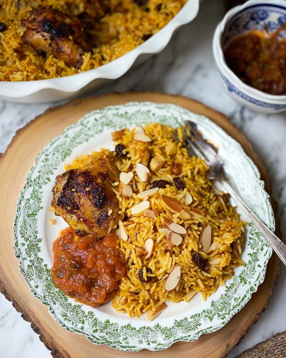 A white plate with a green pattern edge holds a serving of golden yellow rice mixed with raisins and topped with sliced almonds. A piece of browned chicken is placed on the left side of the rice, and a spoonful of chunky red sauce sits on the right. A silver fork rests on the right side of the plate, leaning on the rice. The plate is set on a round wooden board, placed on a white marbled surface. In the background, a white serving dish filled with more yellow rice and browned chicken pieces is partially visible on the top left, and a white bowl with a blue pattern contains more of the red sauce on the right. Photo taken with an iphone --ar 4:5 --v 7