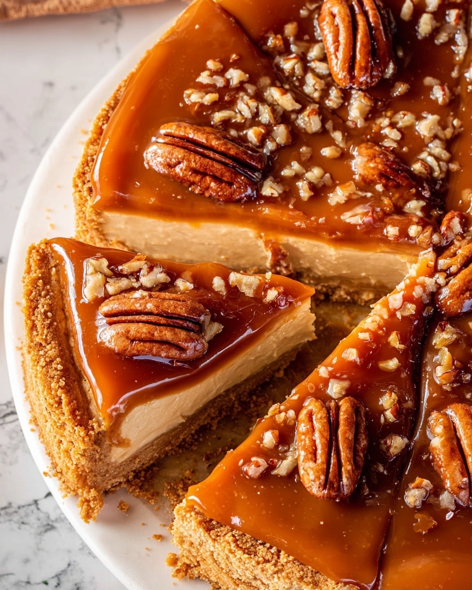 A close-up top view of a pie with three visible layers: the bottom crust is golden brown and crumbly, the middle layer is light beige and smooth, and the top layer is a thick, shiny caramel brown sauce with a glossy texture. The caramel topping is sprinkled with small chopped pecans and each slice has a whole pecan placed near the crust. One slice is partially lifted showing the smooth caramel covering the top and the inside layers. The pie is on a white plate sitting on a white marbled surface. Photo taken with an iphone --ar 4:5 --v 7