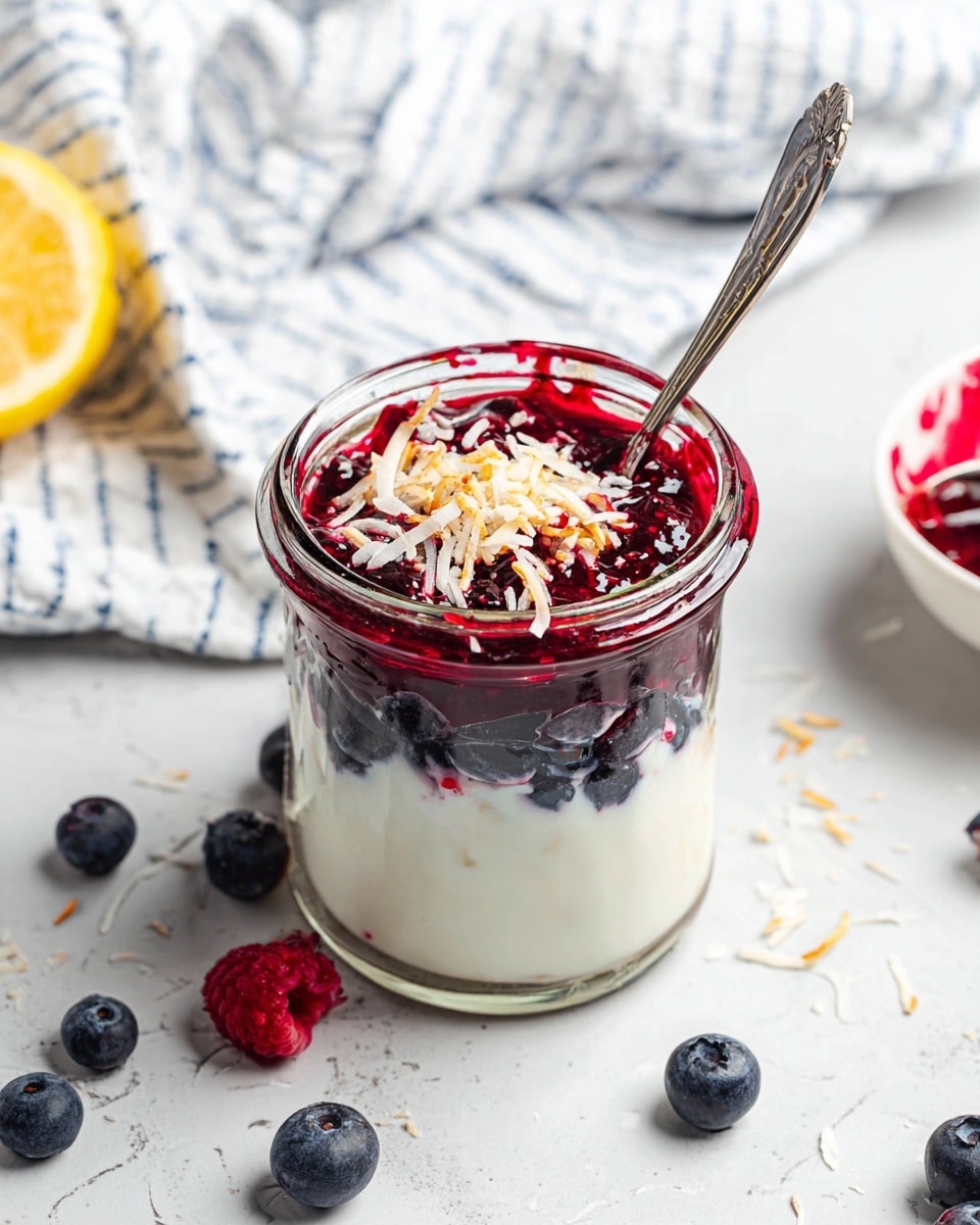 A clear glass jar with three visible layers sits on a white marbled surface. The bottom layer is smooth and white, resembling yogurt. The middle layer has dark blue whole blueberries mixed with white yogurt. The top layer is a thick deep red berry sauce with a textured look, topped with light brown toasted shredded coconut. A metal spoon is placed inside the jar, leaning on the rim. Around the jar, there are scattered fresh blueberries and a red raspberry. In the background, there is a white cloth with blue lines, a half lemon, and a white bowl with red berry sauce dripping down its side. photo taken with an iphone --ar 4:5 --v 7