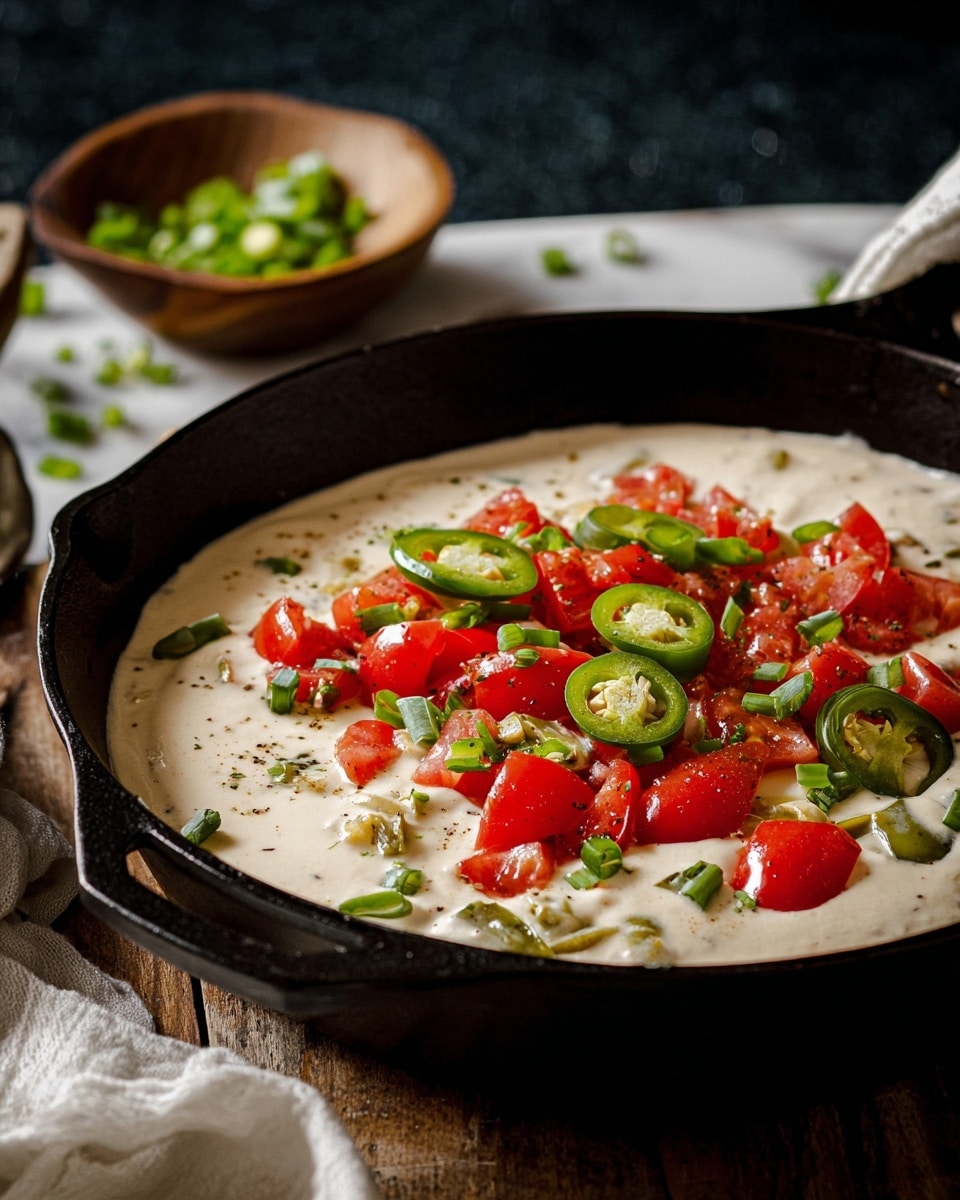 A black cast iron pan filled with a thick, creamy white sauce as the base layer, topped with scattered chunks of bright red tomatoes, green sliced jalapeños, and chopped green onions spread evenly across the surface. The pan is set on a wooden table, with a small wooden dish holding additional chopped green onions in the background, all against a dark backdrop and a white marbled surface underneath. Photo taken with an iphone --ar 4:5 --v 7